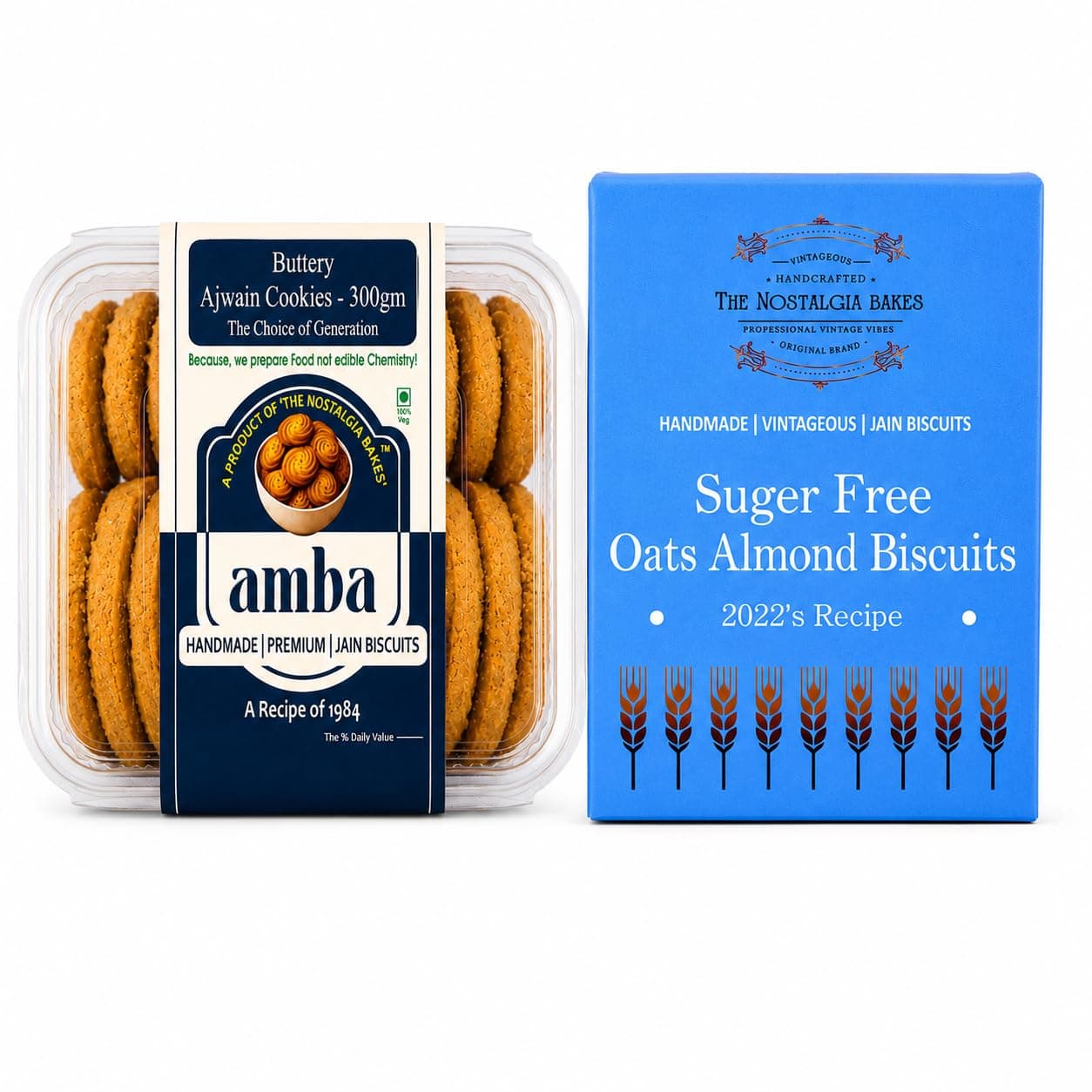 Amba Handmade Premium Biscuit Combo | Buttery Ajwain Cookies 300g & Sugar Free Oats Almond Biscuits 200g | Crunchy Tea Time Snacks | Healthy Jain Cookies | No Palm Oil | Perfect with Tea & Coffee — image 2