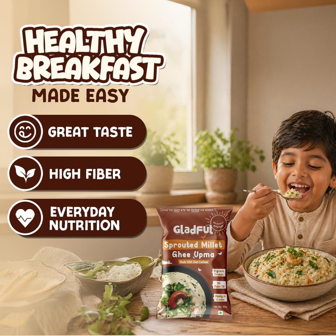 Gladful Sprouted Millet Instant Ghee Upma Mix - No Palm Oil, Trans Fat & Maida - Made with Jawar, Ragi and Suji/Rawa, Ghee & Cashew - Multigrain Protein Breakfast Healthy Snack - Pack of 6 (60g each) — image 7
