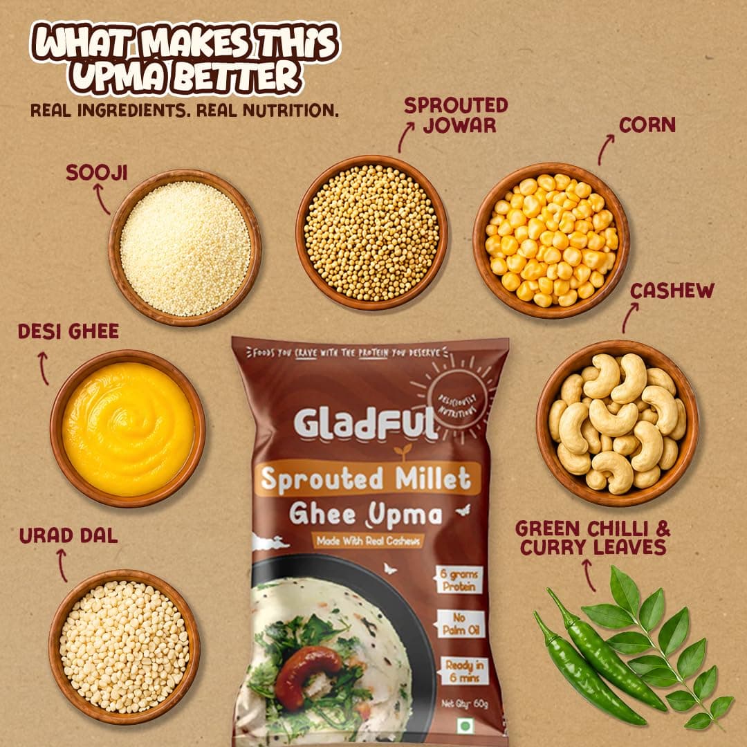 Gladful Sprouted Millet Instant Ghee Upma Mix - No Palm Oil, Trans Fat & Maida - Made with Jawar, Ragi and Suji/Rawa, Ghee & Cashew - Multigrain Protein Breakfast Healthy Snack - Pack of 6 (60g each) — image 6