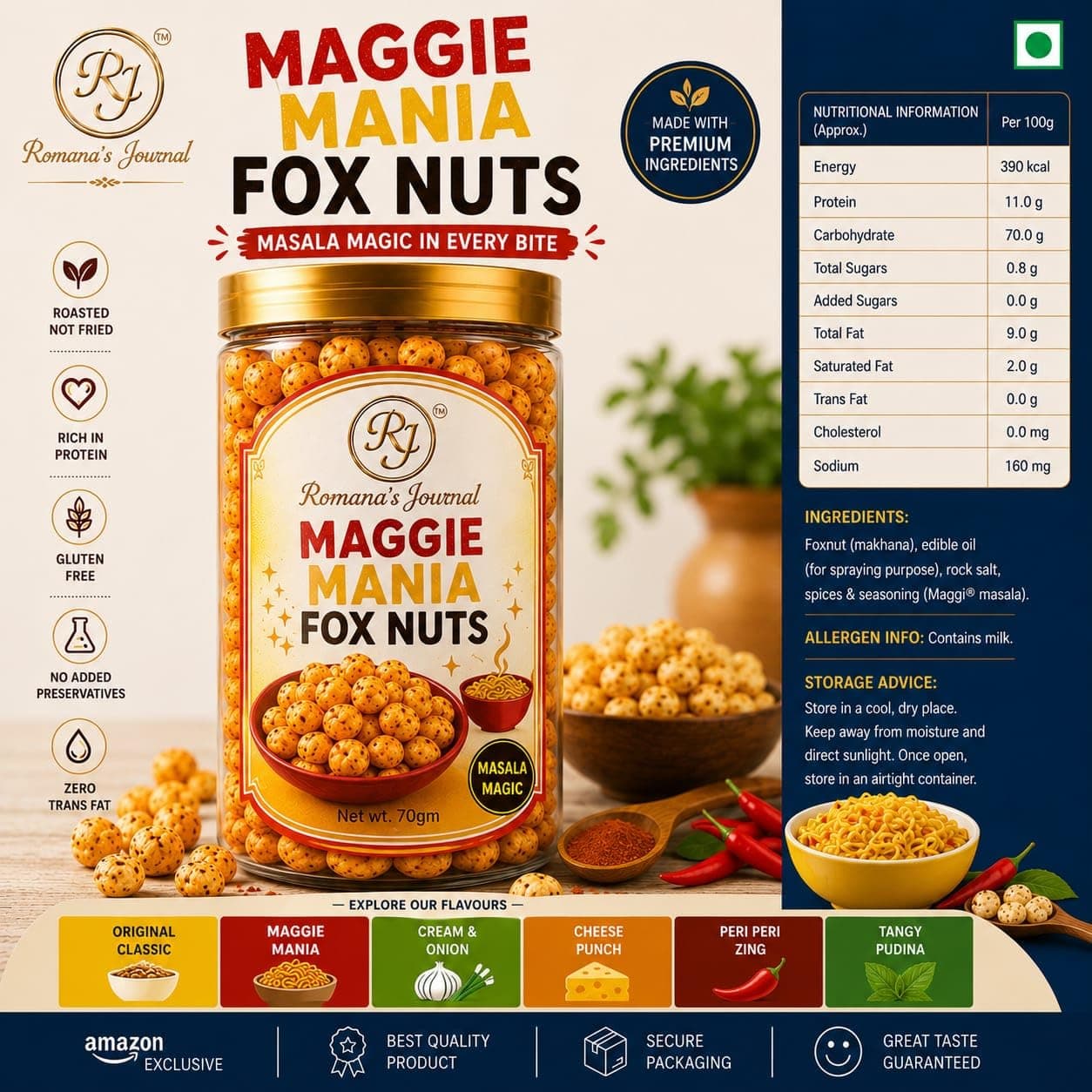 Romana's Journal Roasted Makhana (Fox Nuts) Snack | Crunchy & Flavorful Roasted Lotus Seeds | Multiple Flavor Options Available | Light Everyday Snacking Choice | Tea Time, Travel & Office Snack | Carefully Roasted (Masala Mania) — image 7