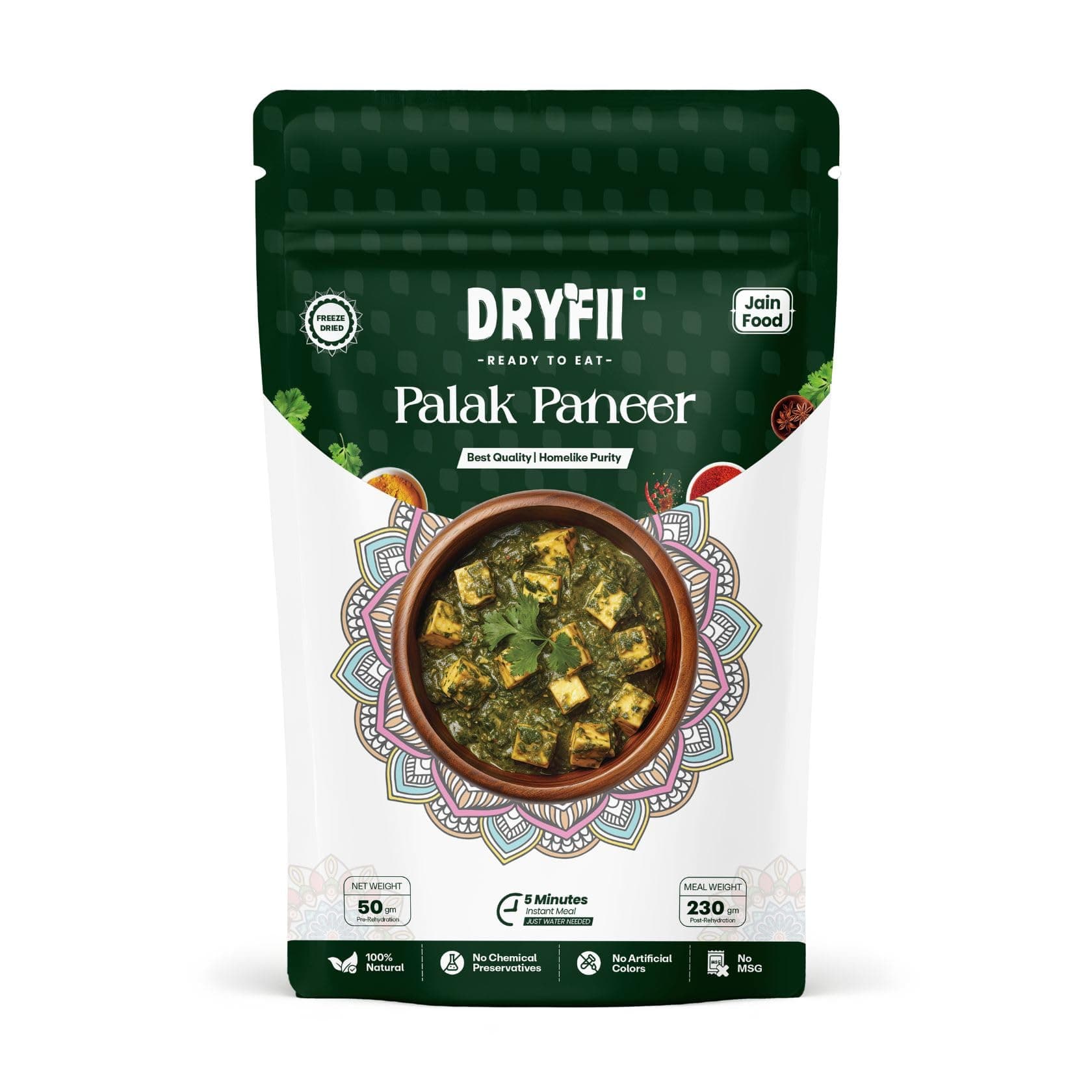 Dryfii Ready-to-Eat Instant Jain Palak Paneer | Pure Veg | Freeze Dried | No Onion, No Garlic | Rehydrated Weight 230 g