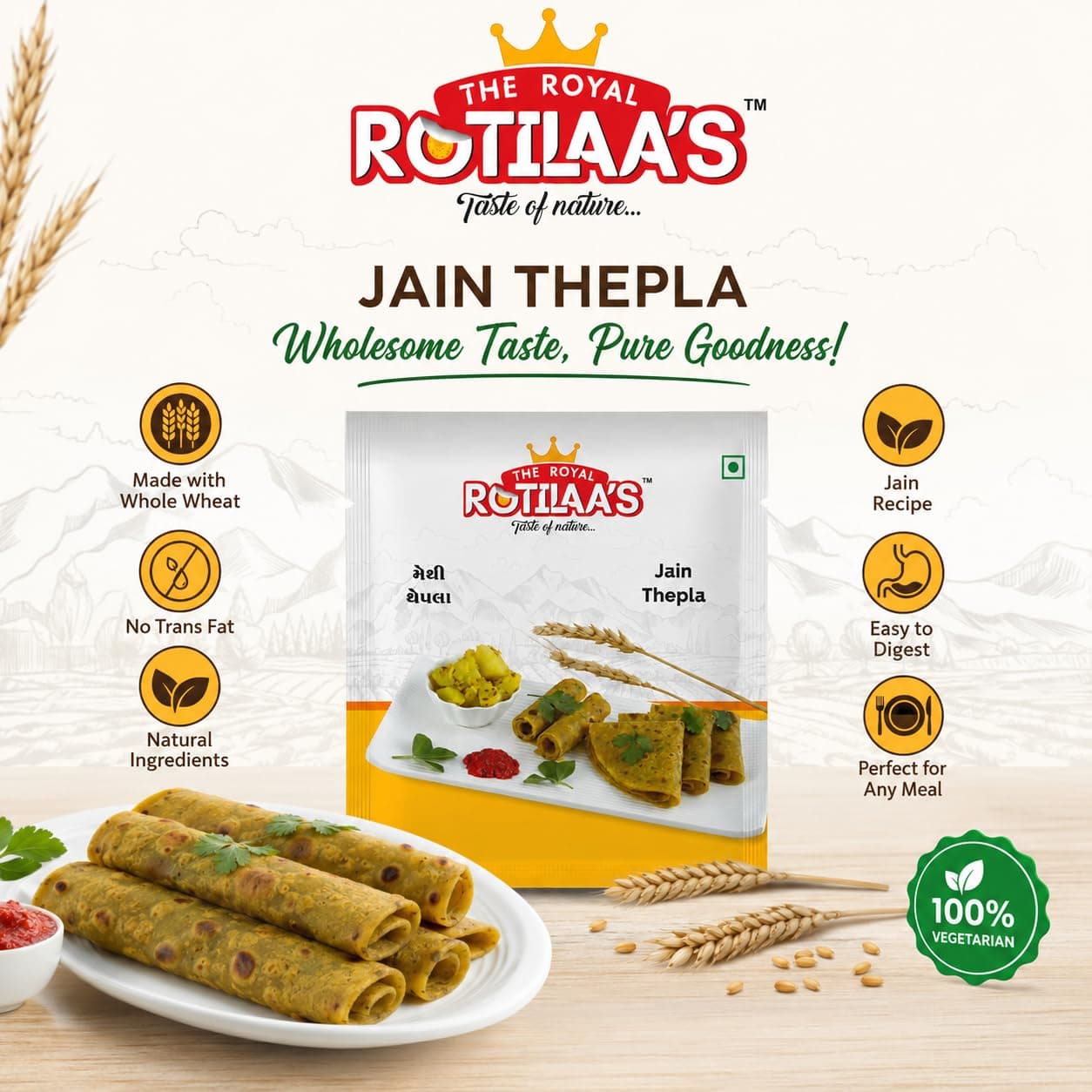 THE ROYAL ROTILAA'S Jain Thepla 100g (Pack of 3) | Ready-to-Eat Gujarati Snack | Vacuum Packed | Soft & Fresh Handmade Thepla | Includes Pickle | Pure Veg Travel & Tiffin Food | 4 Pieces per Pack — image 3