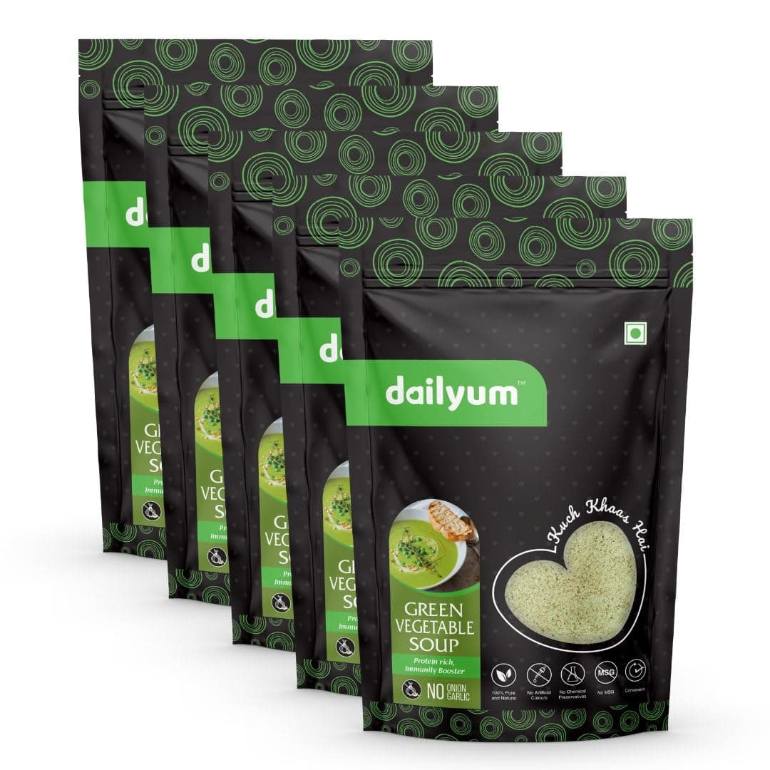 Dailyum Premium Instant Green Vegetable Soup | Pack of 5 |No Onion No Garlic | Ready To Eat Instant Soup | 100% Natural | No MSG | Gluten-free | Serves 4 * 5| 50g Each | Jain — image 2