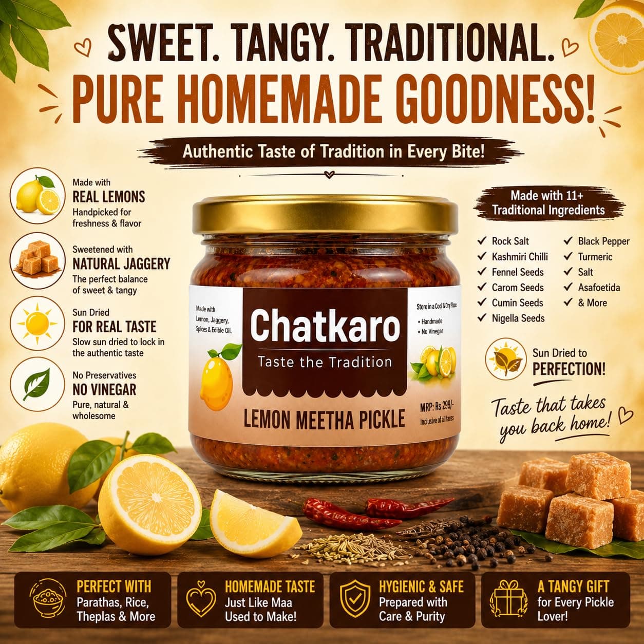 Chatkaro Lemon Pickle with Jaggery 250g | Indian Homemade Nimbu ka Achar with No Onion & Garlic | Sweet & Sour | Traditional Grandma-Style Recipe | Organically Processed | Homemade Achar Traditional Indian Style | Store in Glass Jar | Made With Jaggery | No Sugar | No Chemical Preservatives | No Vinegar — image 4