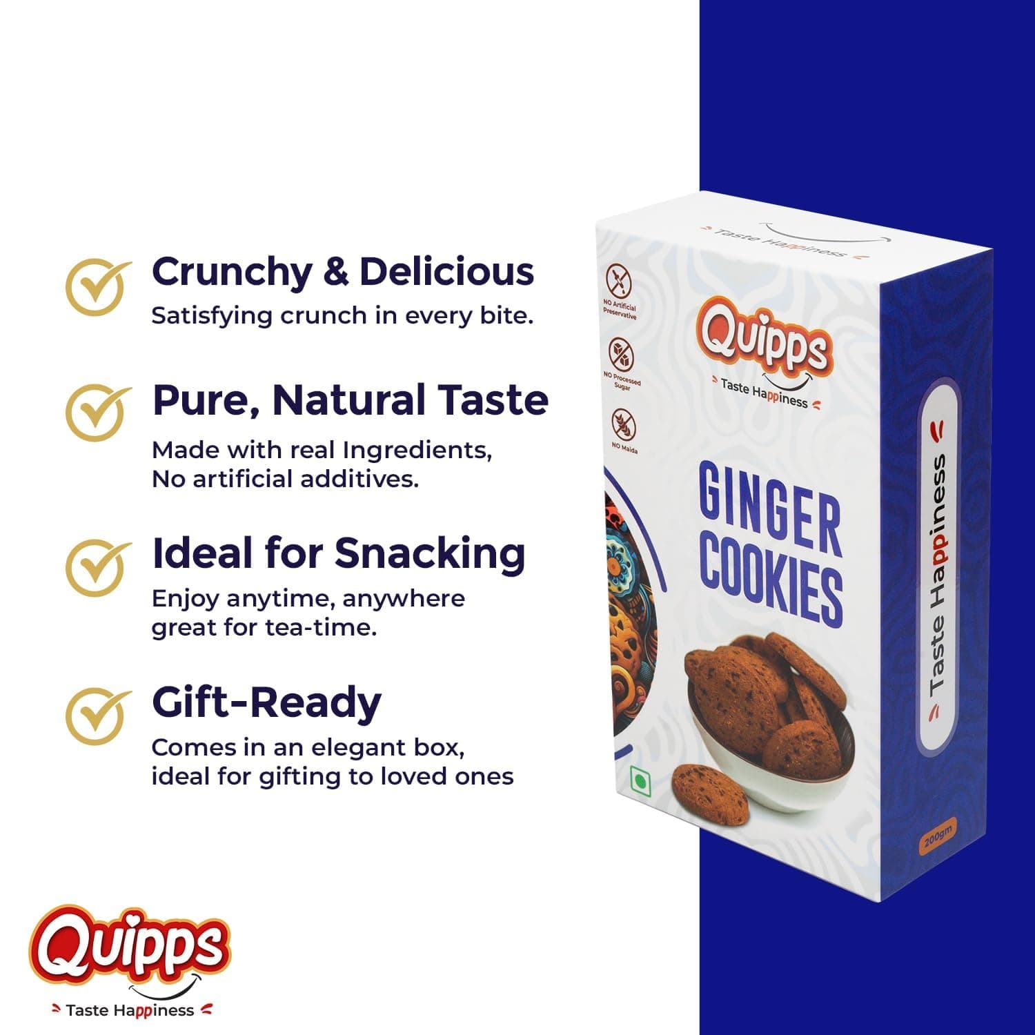 Quipps Premium Ginger Cookies | Pack of 2 (200g Each) | Healthy Biscuits with Real Ginger, Jaggery & White Butter | No Maida, No White Sugar, No Preservativess | All Natural Ingredients & Crunchy Biscuits | Freshly Baked Snacks for Tea, Breakfast & Gifting — image 4
