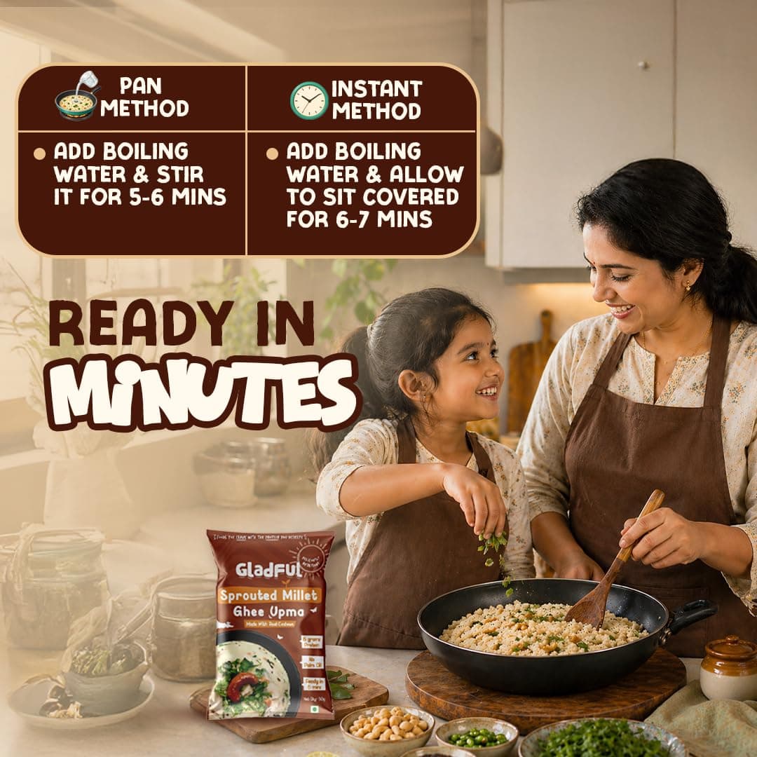 Gladful Sprouted Millet Instant Ghee Upma Mix - No Palm Oil, Trans Fat & Maida - Made with Jawar, Ragi and Suji/Rawa, Ghee & Cashew - Multigrain Protein Breakfast Healthy Snack - Pack of 6 (60g each) — image 8