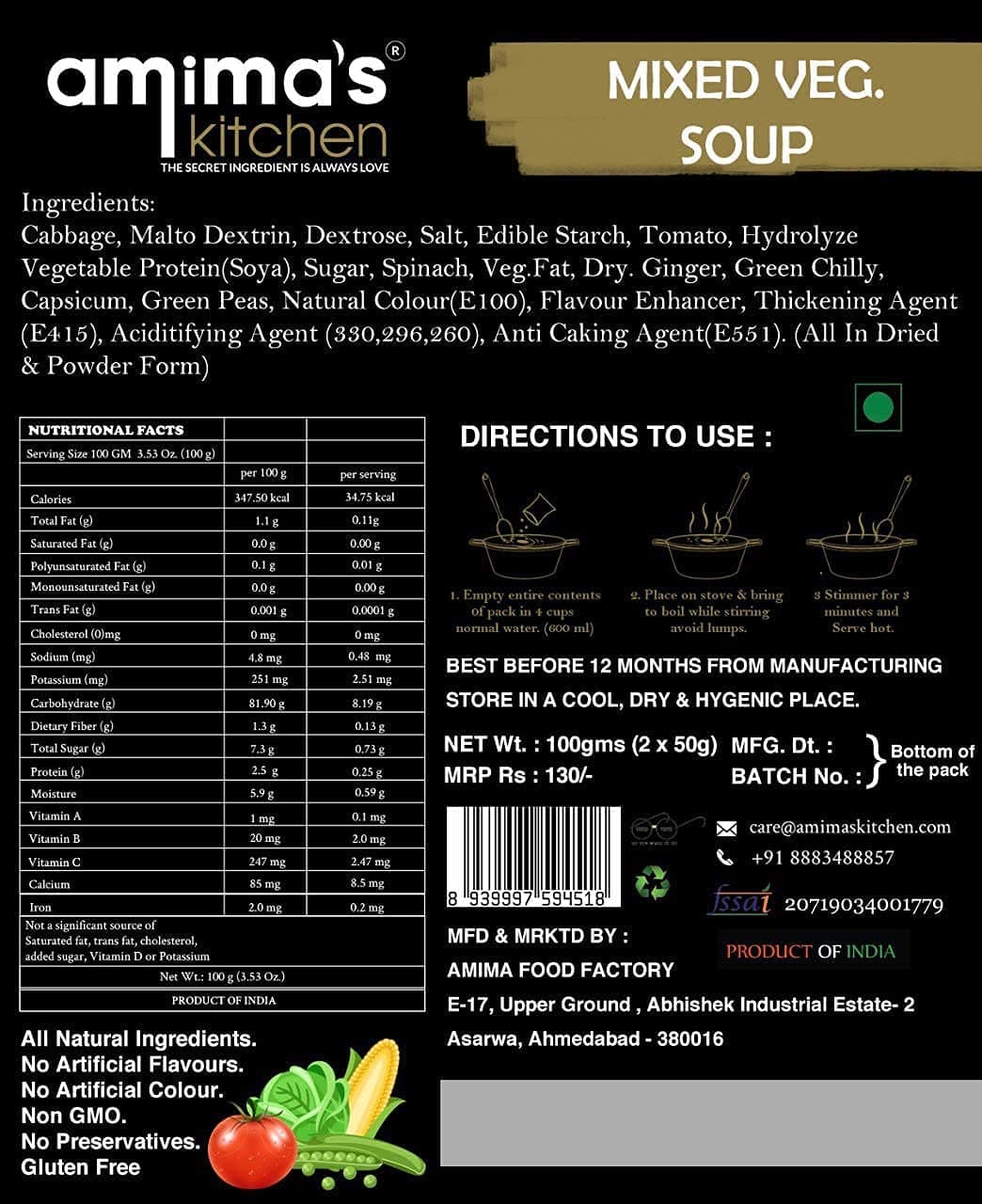 Amima's Kitchen Mixed Veg. Jain Soup (No Onion No Garlic) - 100 Grams [Serves 10] | Instant Soup Mix Powder | Ready To Cook | No Artificial Flavour & Colour | Gluten Free | Non GMO | Healthy Soup — image 7