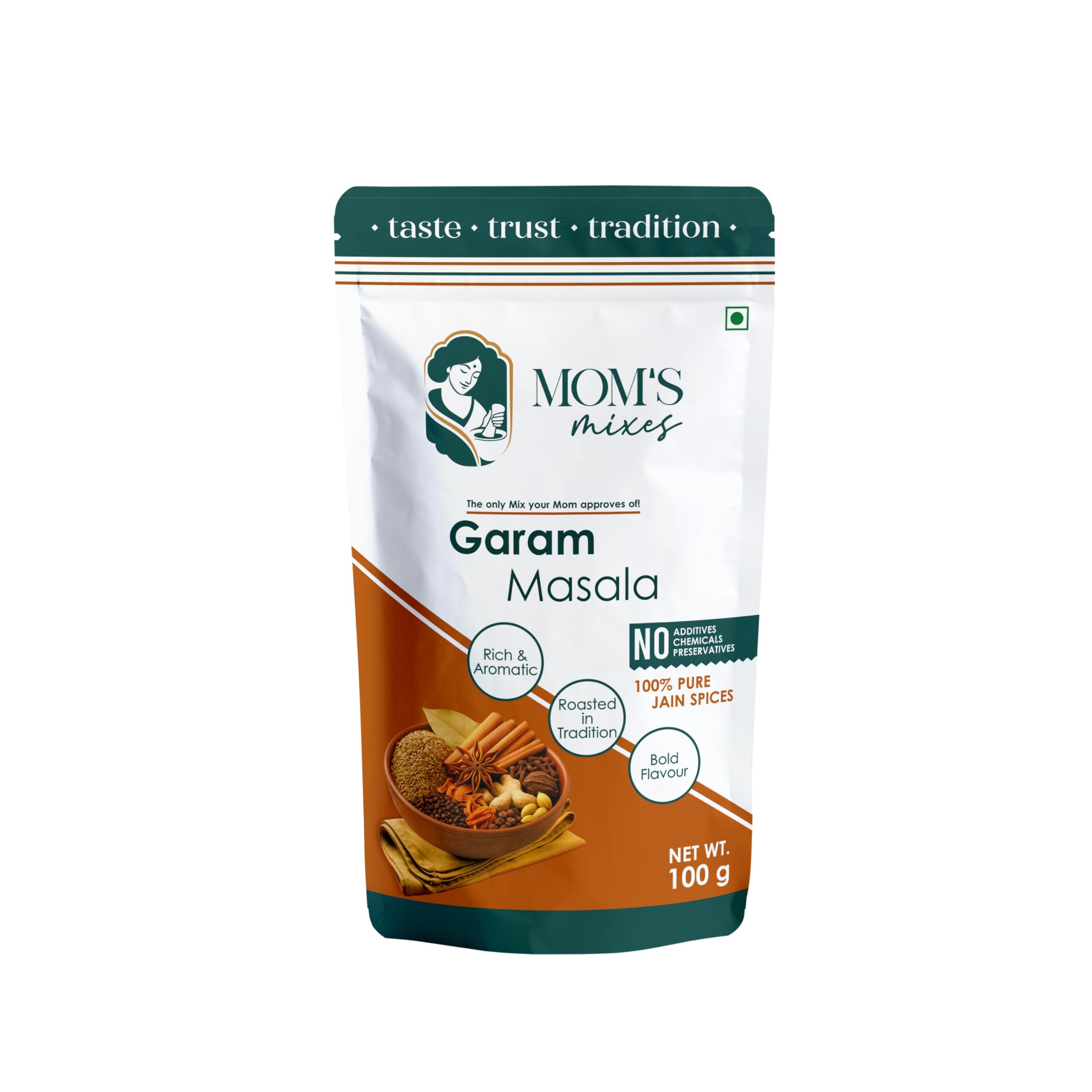 Mom’s Mixes Garam Masala (Garam Masala Powder) | Pure Jain Spices | No Onion No Garlic (Jain Friendly) | Rich & Aromatic | No Preservatives | 100g