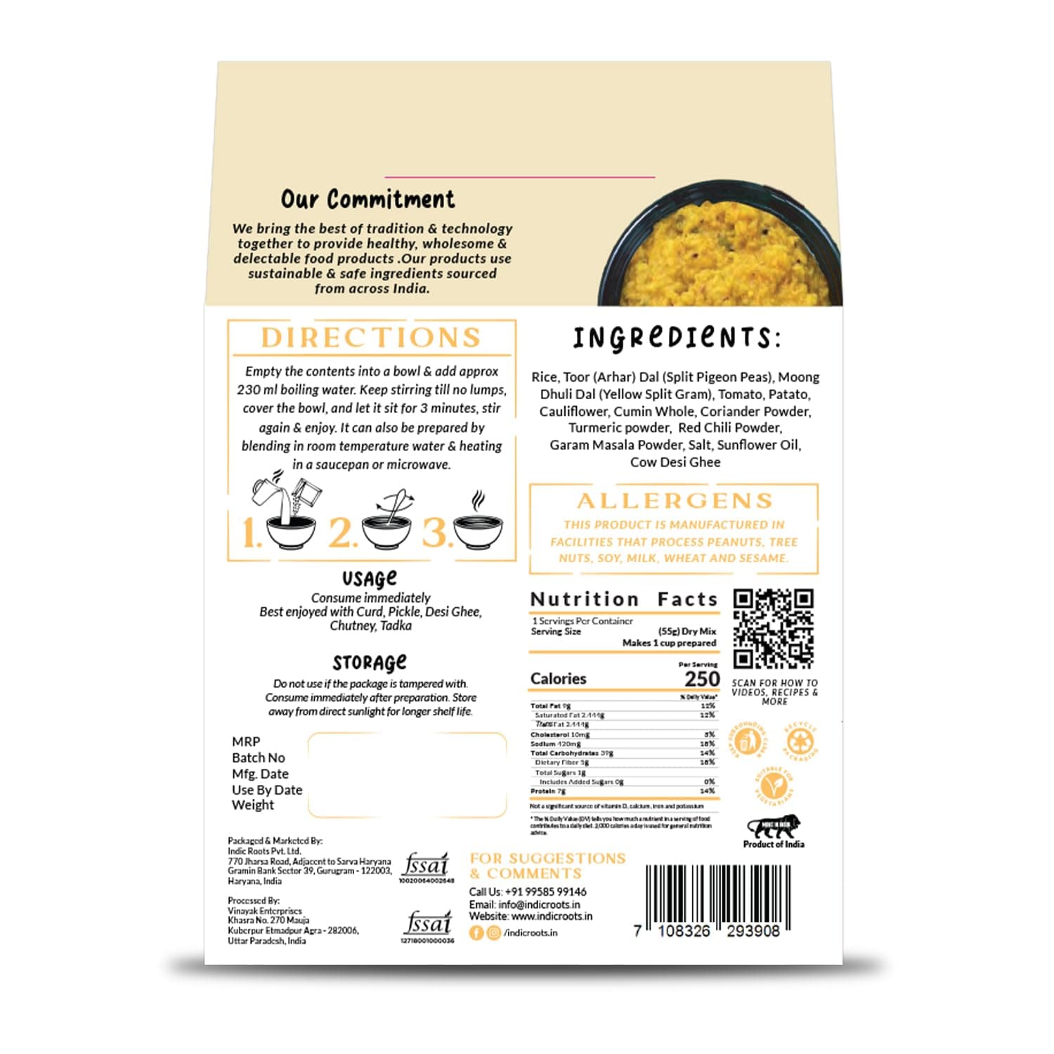 Indic Roots Toor Dal & Moong Dal Khichdi |Instant Food | Healthy | Ready to Eat Full Meal | Gluten Free | No Preservatives, All Natural, Packed Food with no Onion Garlic (Pack of 4) — image 2
