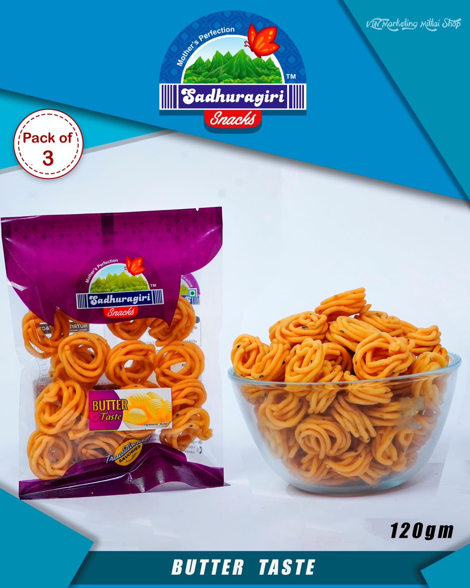 Sadhuragiri Butter Flavored Muruku from Theni (Pack of 3 x 120g) — image 2