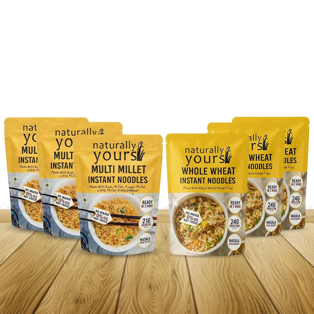 Naturally Yours Instant Noodles Combo | Khapli Whole Wheat & Multi Millet Variety Pack | Maida Free, High Protein & Fiber | Steam Dried, Non Fried | No Onion No Garlic, Jain Friendly | 175g x 6 Pack