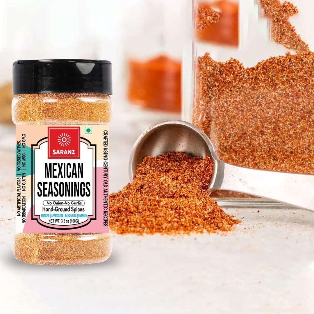 SARANZ Jain Mexican Seasoning Combo Pack | Jain Taco Mix and Mexican Mix | No Onion No Garlic | For Tacos, Burritos, Wraps, Nachos and Rice Bowls | Vegan, Gluten-Free, Dairy-Free | Set of 2 x 100g Jars — image 2