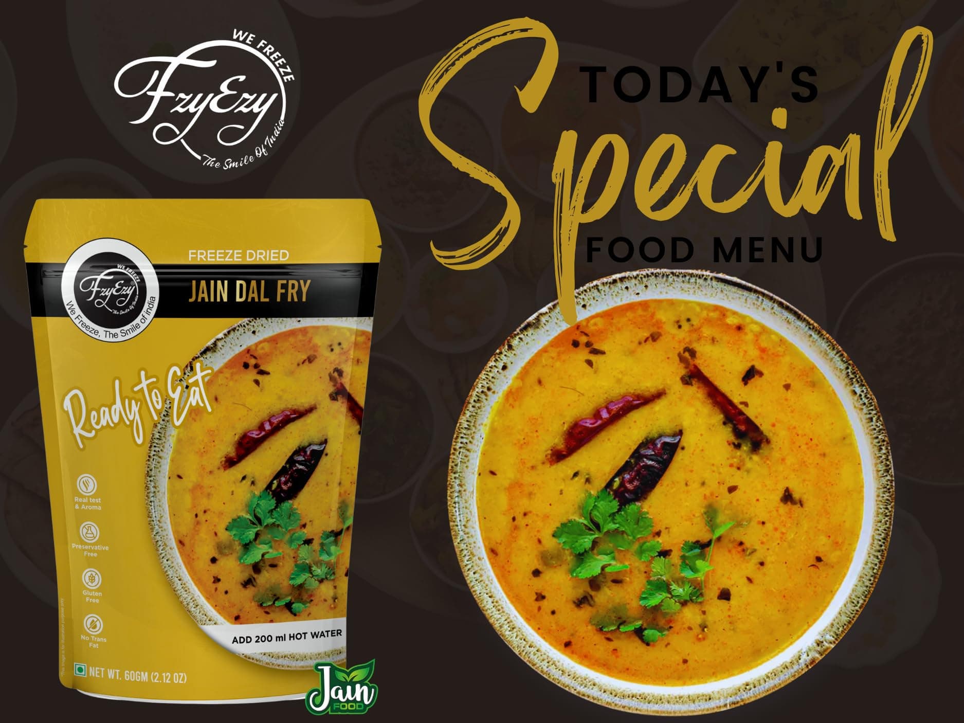 FzyEzy Freeze-Dried Jain Dal Fry – 60g | Authentic Jain Indian Meal | No Onion, No Garlic | Instant & Ready-to-Eat | Gluten-Free | Preservative-Free | Wholesome & Flavorful Jain dish — image 4