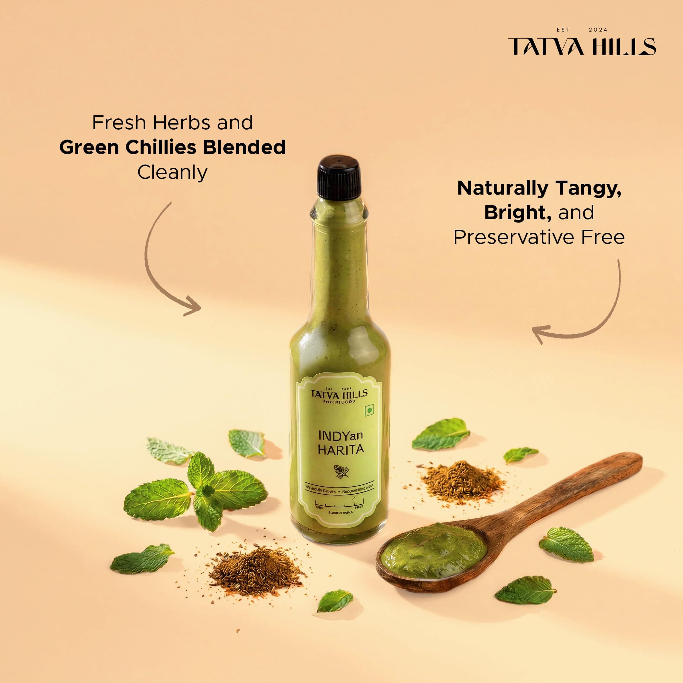 TatvaHills Superfoods INDYan Harita Green Chilli Herb Sauce | Fresh Coriander & Green Chilli Condiment | Spicy Herbal Dip for Momos, Snacks & Marinades | Preservative Free | 60g — image 5