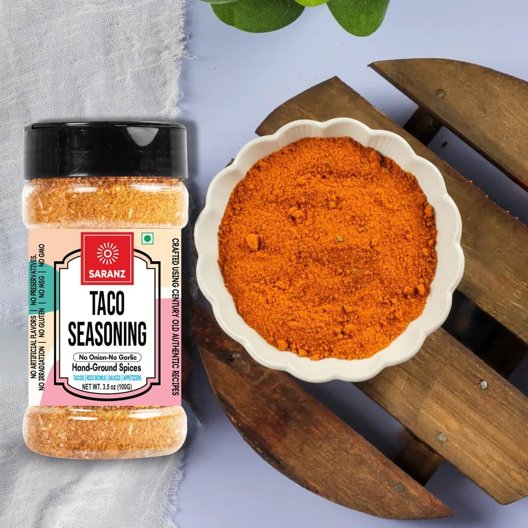 SARANZ Jain Mexican Seasoning Combo Pack | Jain Taco Mix and Mexican Mix | No Onion No Garlic | For Tacos, Burritos, Wraps, Nachos and Rice Bowls | Vegan, Gluten-Free, Dairy-Free | Set of 2 x 100g Jars — image 4