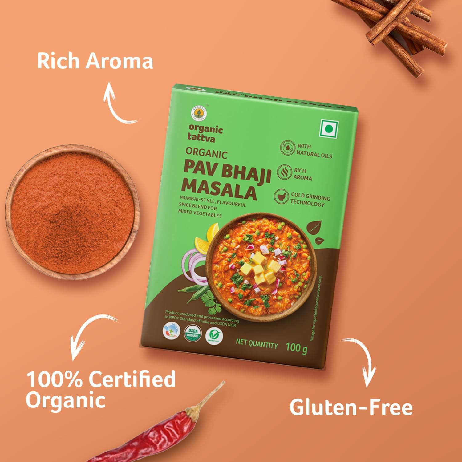Organic Tattva, Organic Pav Bhaji Masala 100 Gram |Pesticide and Chemical Free | With Natural Oils | Rich Aroma | Naturally Gluten Free — image 6