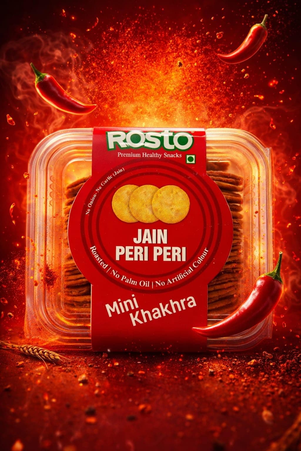 Rosto Jain Peri Peri Mini Khakhra (no onion no garlic), Roasted, No Palm Oil, No Artificial Colour, No Onion No Garlic, 200 g pack of 2 total 400g — image 2