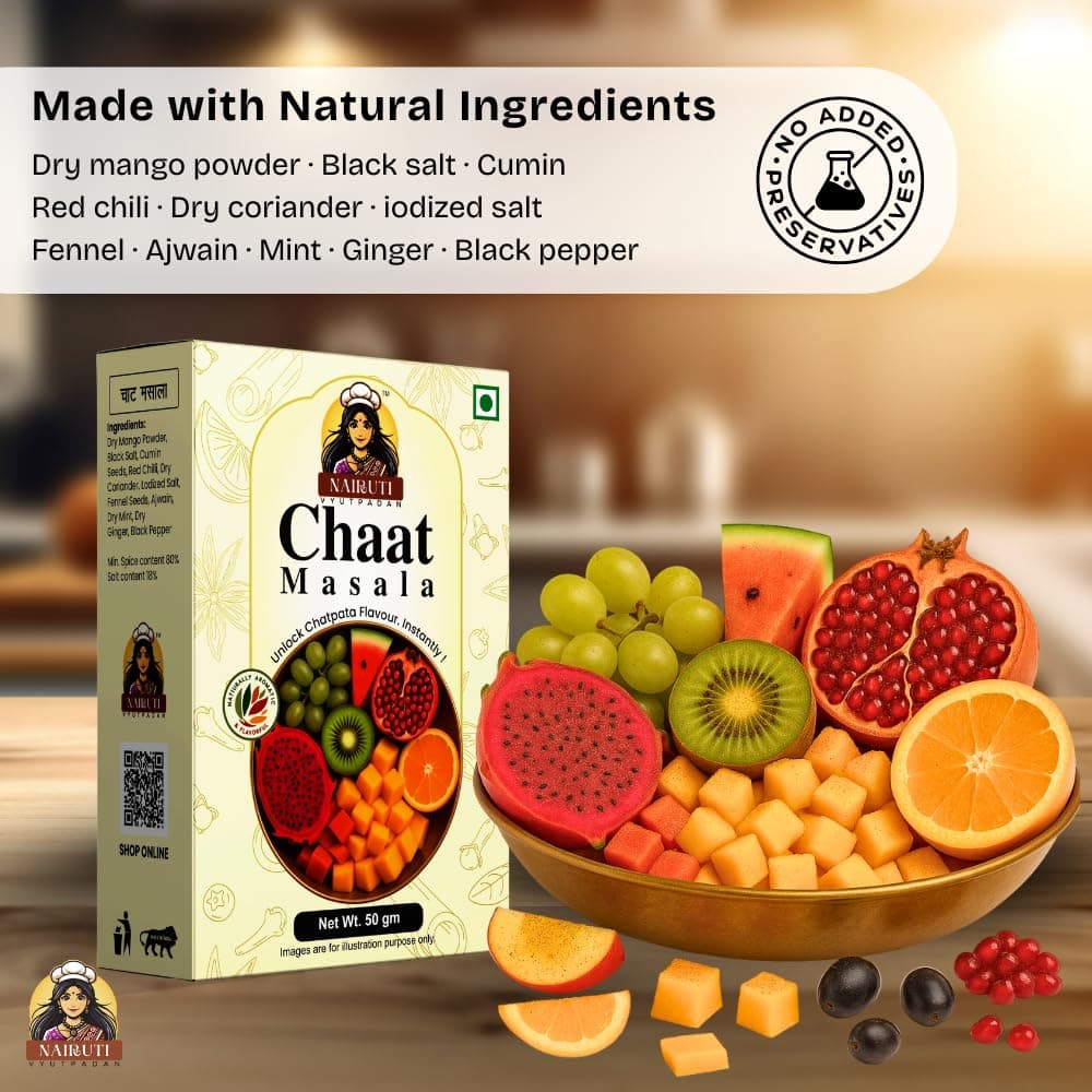 Nairuti Vyutpadan Chat Masala (Jain Friendly) 50g | No Onion No Garlic | Tangy & Spicy Chaat Masala Powder | Sprinkle for Fruits, Salads, Snacks & Street Style Flavour | No Preservatives — image 4