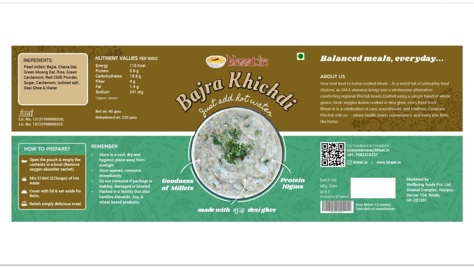 Bhaat.in Instant Bajra Khichdi |Pack of 2|PROTEIN 10GM |Wholegrain| Millet Meal |NO PALM OIL| Ready to Eat Healthy Meal | Pack of 2 | Just Add Hot Water | Gluten-Free | No Onion, No Garlic | Multigrain|Travel-Friendly | Daily meal|Ready to eat breakfast — image 6
