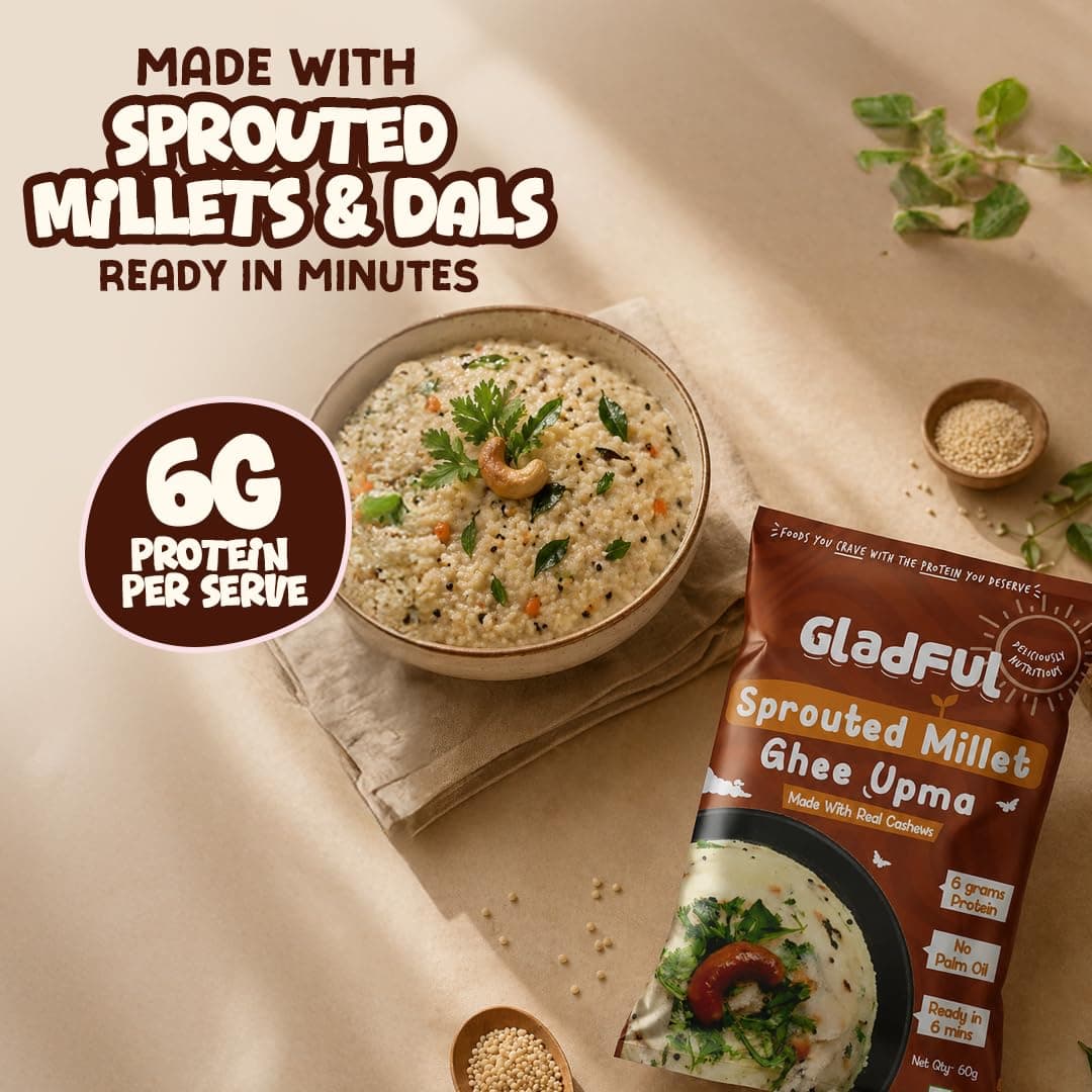 Gladful Sprouted Millet Instant Ghee Upma Mix - No Palm Oil, Trans Fat & Maida - Made with Jawar, Ragi and Suji/Rawa, Ghee & Cashew - Multigrain Protein Breakfast Healthy Snack - Pack of 6 (60g each) — image 4