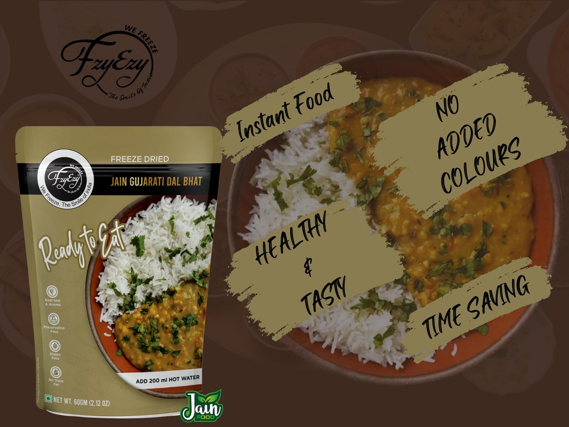 FzyEzy Freeze-Dried Jain Gujarati Dal Bhat | Authentic Jain Gujarati Culinary Experience | Traditional Satvik Ready-to-Eat Indian Meal | Gluten-Free & Preservative-Free | Nourishing, Quick-Prep Comfort Cuisine | 60g Pack — image 5