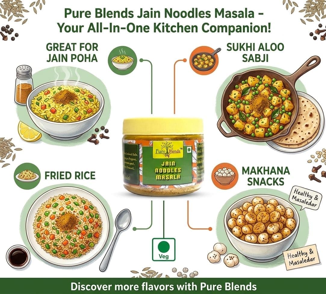 Pure Blends Jain Noodles Masala | Without Onion & Garlic Masala | Authentic Jain Seasoning Mix | Perfect for Instant Noodles, Pasta, Poha, Fried rice Aloo sabji & other Dry Snacks | 100g — image 3