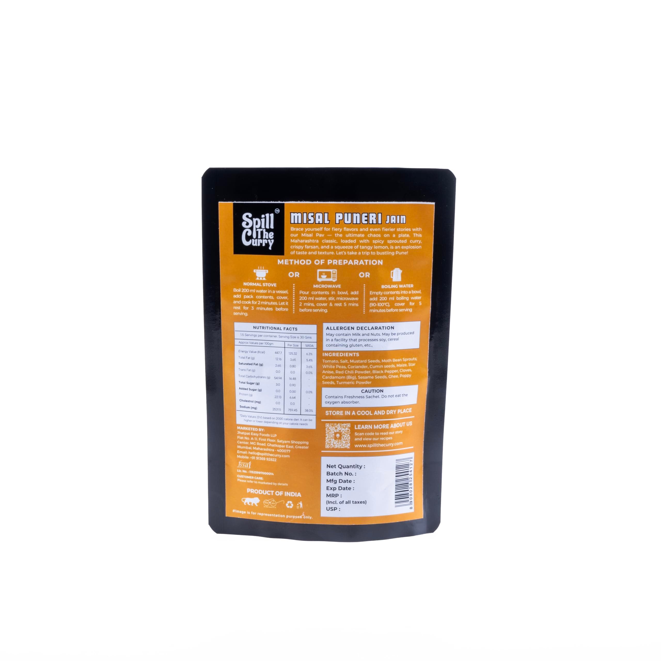 SPILL THE CURRY Puneri Misal Jain Ready to Eat | No Onion No Garlic | Authentic Maharashtrian Misal | Freeze-Dried Instant Meal | Pure Ghee, No Preservatives, MSG-Free | Travel & Hostel Friendly | Combo Pack of 5 (55g Each) — image 3