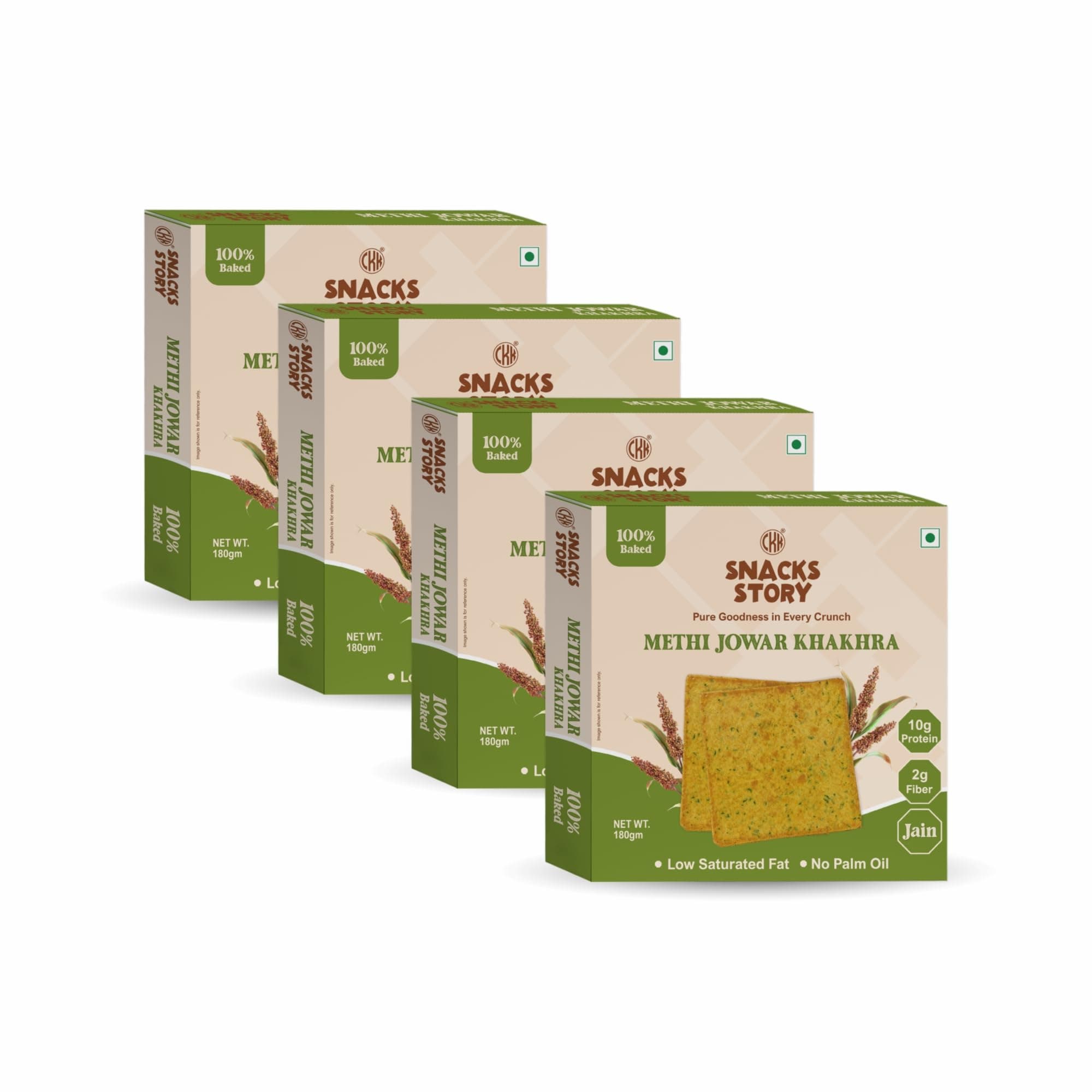 CKK Snacks Story Methi Jowar Khakhra | 100% Baked | High Fiber | No Palm Oil | Healthy & Crispy Snack | Jain Friendly | (Pack of 4 x 180g)