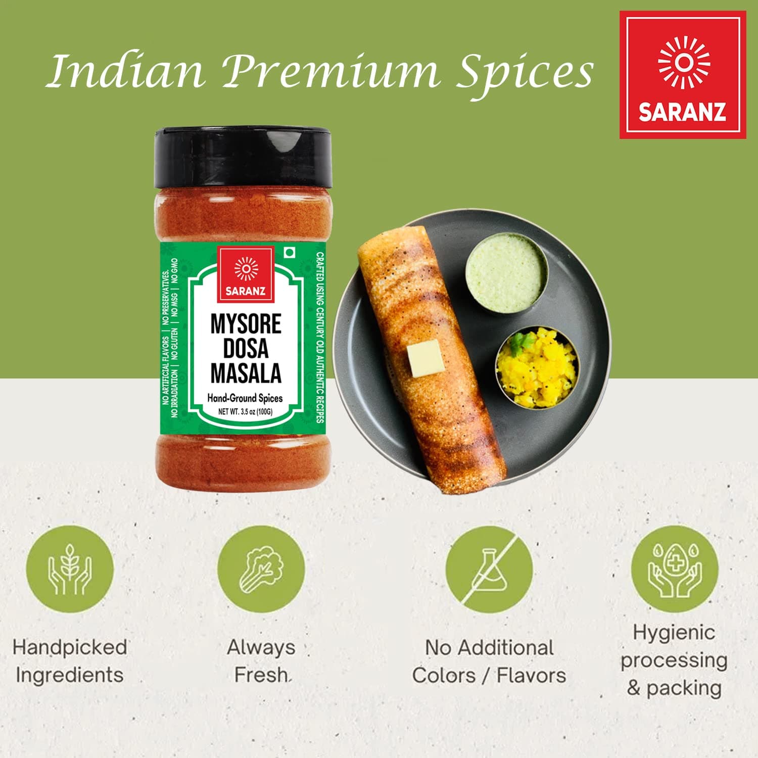 SARANZ Mysore Dosa Masala Indian Spice Instant Dosa Masala Perfect for Cooking, Ready to Use, No Added Colours, Spice Powders and Masalas, Premium Artisanal Spices with Rich & Strong Flavour-100 Grams Bottle — image 6