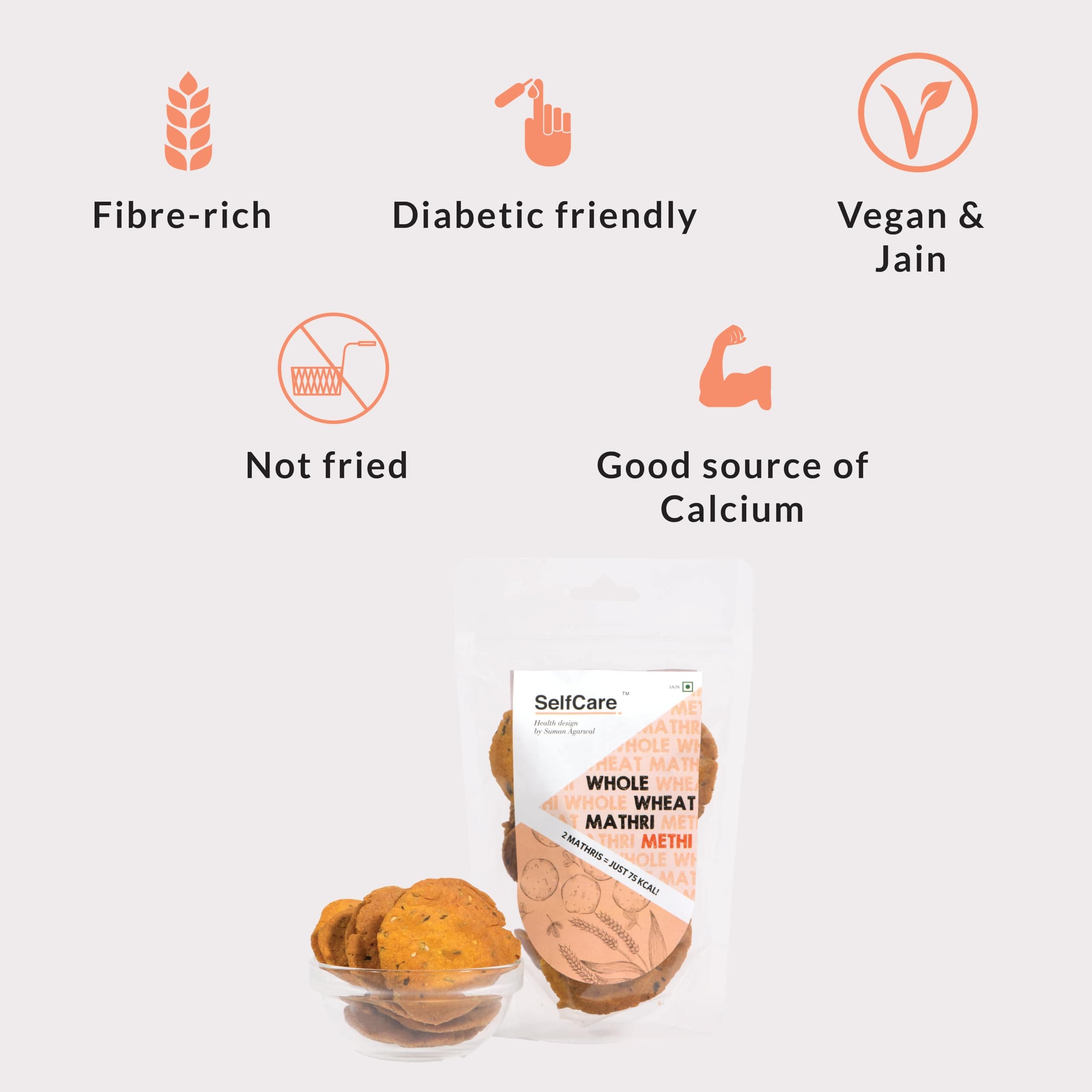 SelfCare By Suman Agarwal Whole Wheat Mathri - Methi Pack of 1 125g | Fiber-rich | Savoury - Snacks - Namkeen - Grocery | Spicy Crunchy & Chatpata - Tea time Snacking | Diabetic Jain & Travel Friendly — image 3