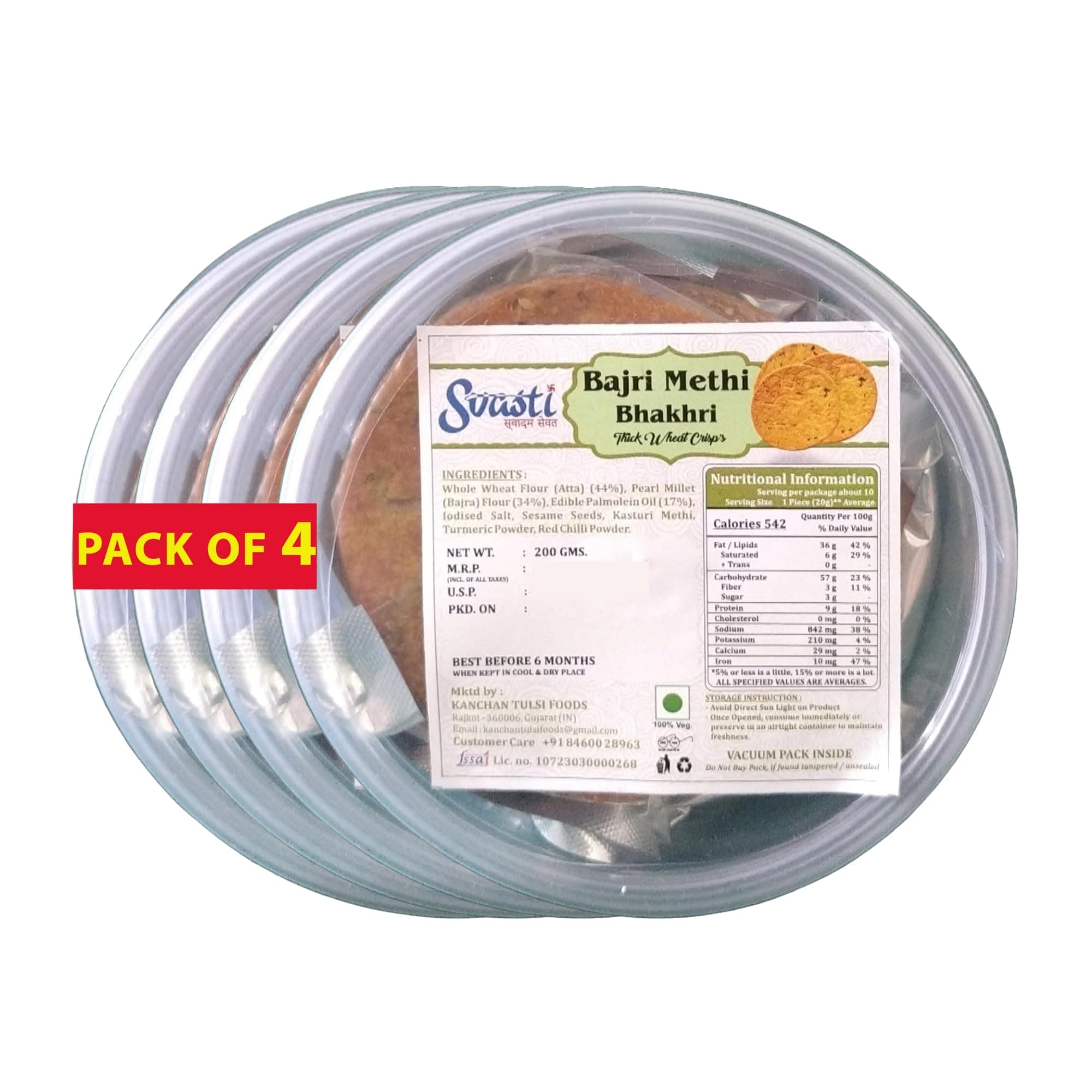 Svasti Dry Whole Wheat Bajri Methi Bhakhri Snacks - 200 gms (Pack Of 4) | Roasted Healthy Gujarati Snacks | No Maida | No Artificial Colours | No Onion & No Garlic | Vacuum Packed — image 2