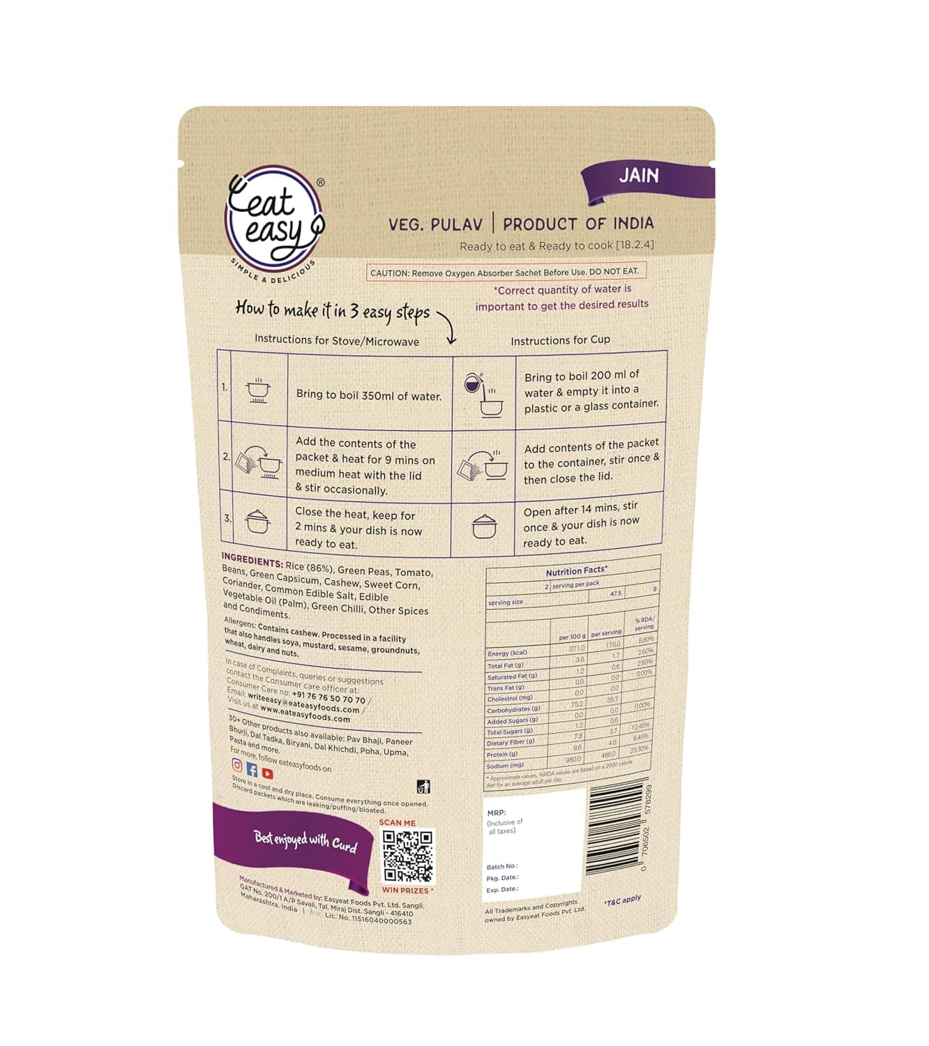 Eat Easy Ready To Eat Jain Veg Pulav- 95gm (Pack of 2) | Freeze Dried, Lightweight, No Moisture, Expands After Adding Hot Water, Instant Pulao/ Vegetable Rice for Travel, Camping & Trekking, Train/Flight, Quick Lunch Dinner — image 3