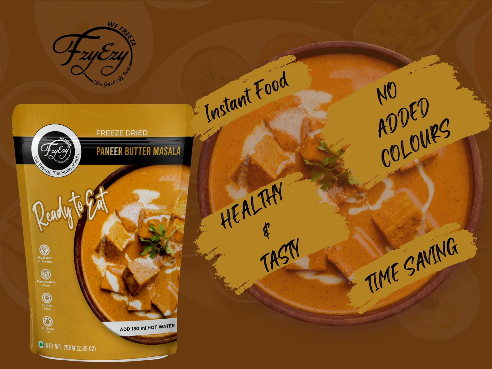 FzyEzy Freeze-Dried Jain Paneer Butter Masala – 75g | Instant Jain Indian Cuisine | Authentic No Onion, No Garlic Paneer Butter Masala Gravy | Jain Vegetarian Gourmet Delight | Ready-to-Eat | Gluten-Free | Preservative-Free Meal — image 5