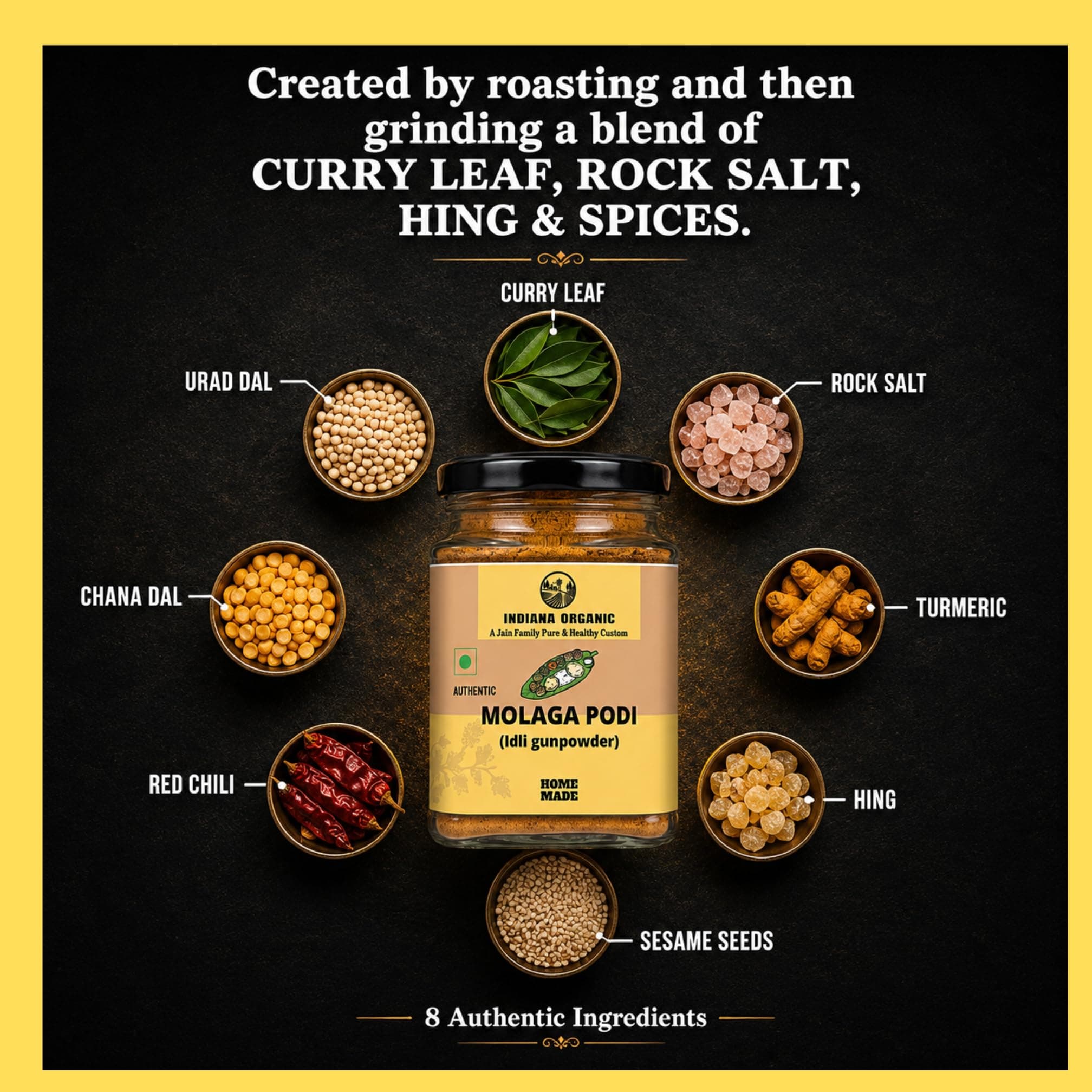 Indiana Organic Molaga Podi 150 g – Authentic Idli Gunpowder | Homemade Chutney Powder | No Onion No Garlic Jain Podi Masala | Organic South Indian Malgapodi for Dosa & Idli — image 5