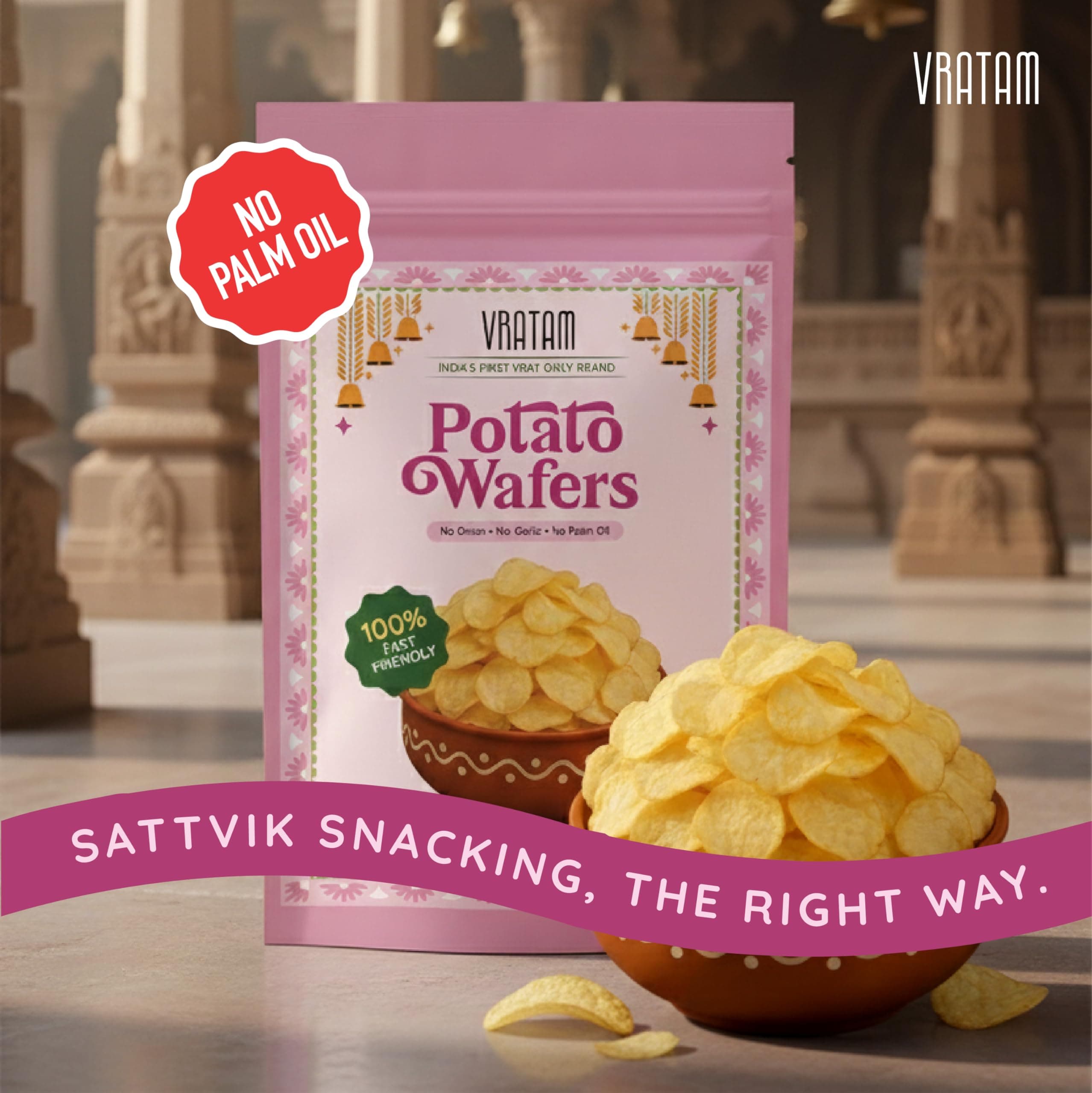 Vratam Potato Wafers | Healthy Namkeen Snacks for Diet | No Onion No Garlic No Palm Oil | Homemade Tasty Potato Chips Made in Groundnut Oil | Sendha Namak Aloo Chips 110G (pack of 1) — image 4