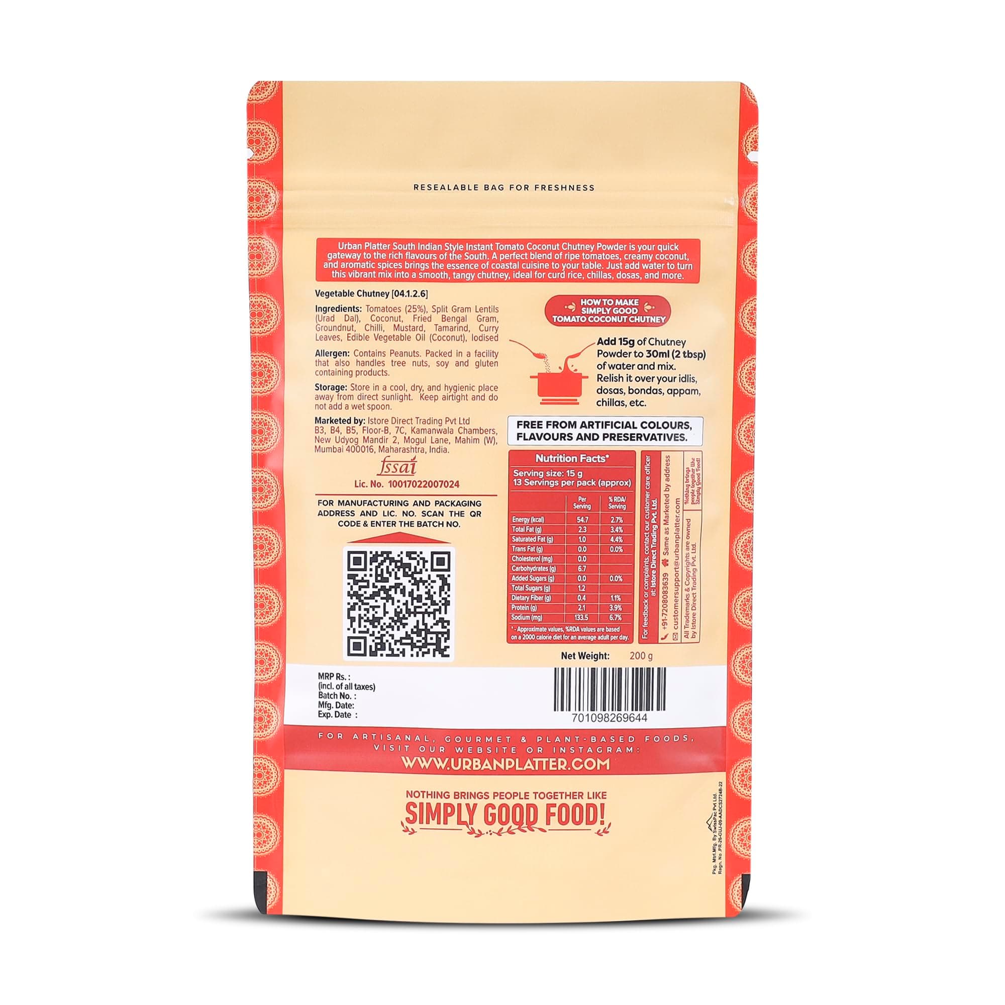 Urban Platter South Indian Style Instant Tomato Coconut Chutney Powder, 200g / 7oz [Nariyal ki Chutney, Just Add Water] — image 2