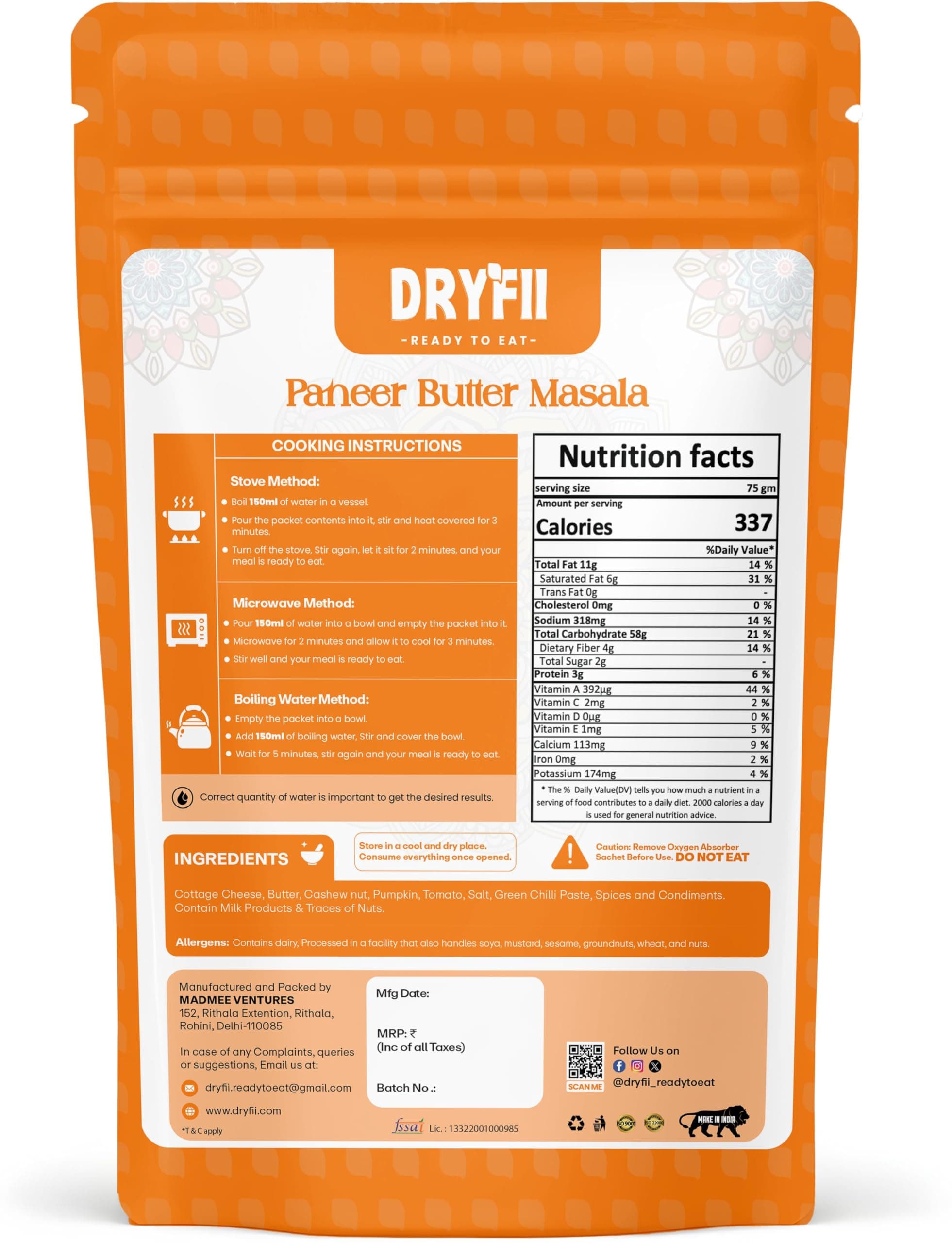 Dryfii Ready-to-Eat Dal Paratha (5 Pcs Parathas) with Jain Paneer Butter Masala | Veg Combo Meal | Pure Vegetarian — image 3