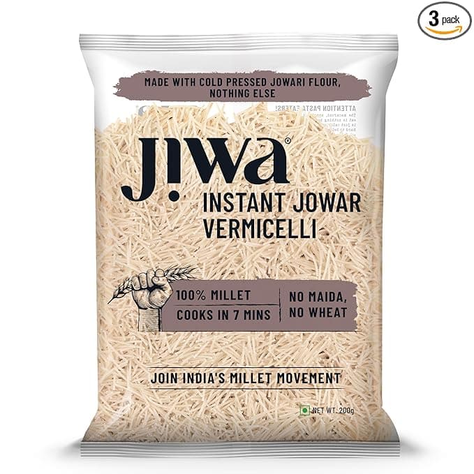 Jiwa Instant Jowar Vermicelli | Cooks in 7 Minutes | Ready to Cook | 100% Millet | No Maida, No Atta | Gluten Free | 200 G (Pack of 3)