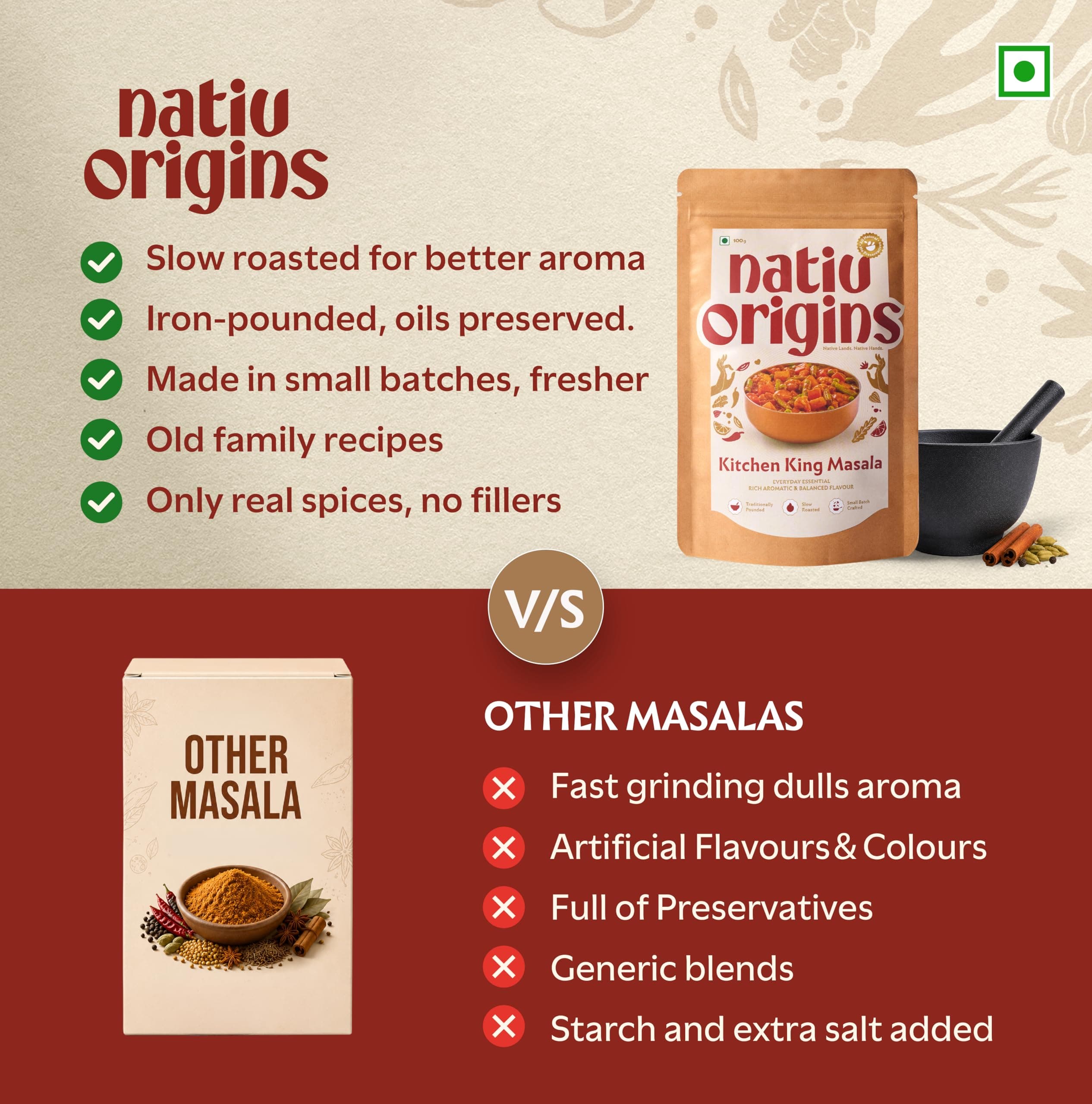 NativOrigins Kitchen King Masala Powder | Slow-Roasted & Traditionally Pounded | 21 Whole Spices | For Sabzi, Paneer & Everyday Gravies | No Additives | 100g — image 6