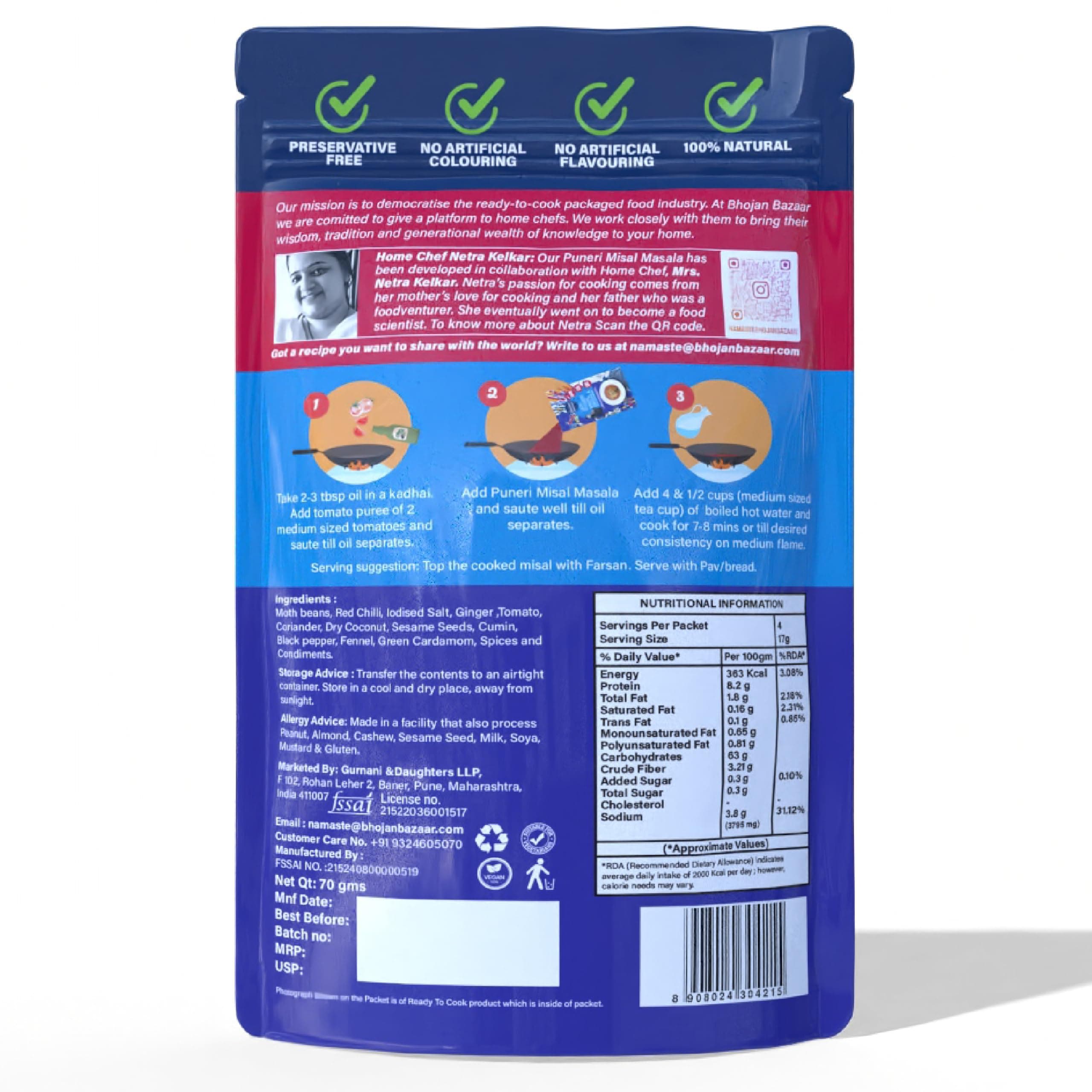 Bhojan Bazaar Jain Puneri Misal Masala 70 g | No Onion No Garlic Ready To Cook in 10 min | Serves 4 | Authentic Puneri Taste Jain Masala with Sprouted Moth Beans | No Added Preservatives — image 2