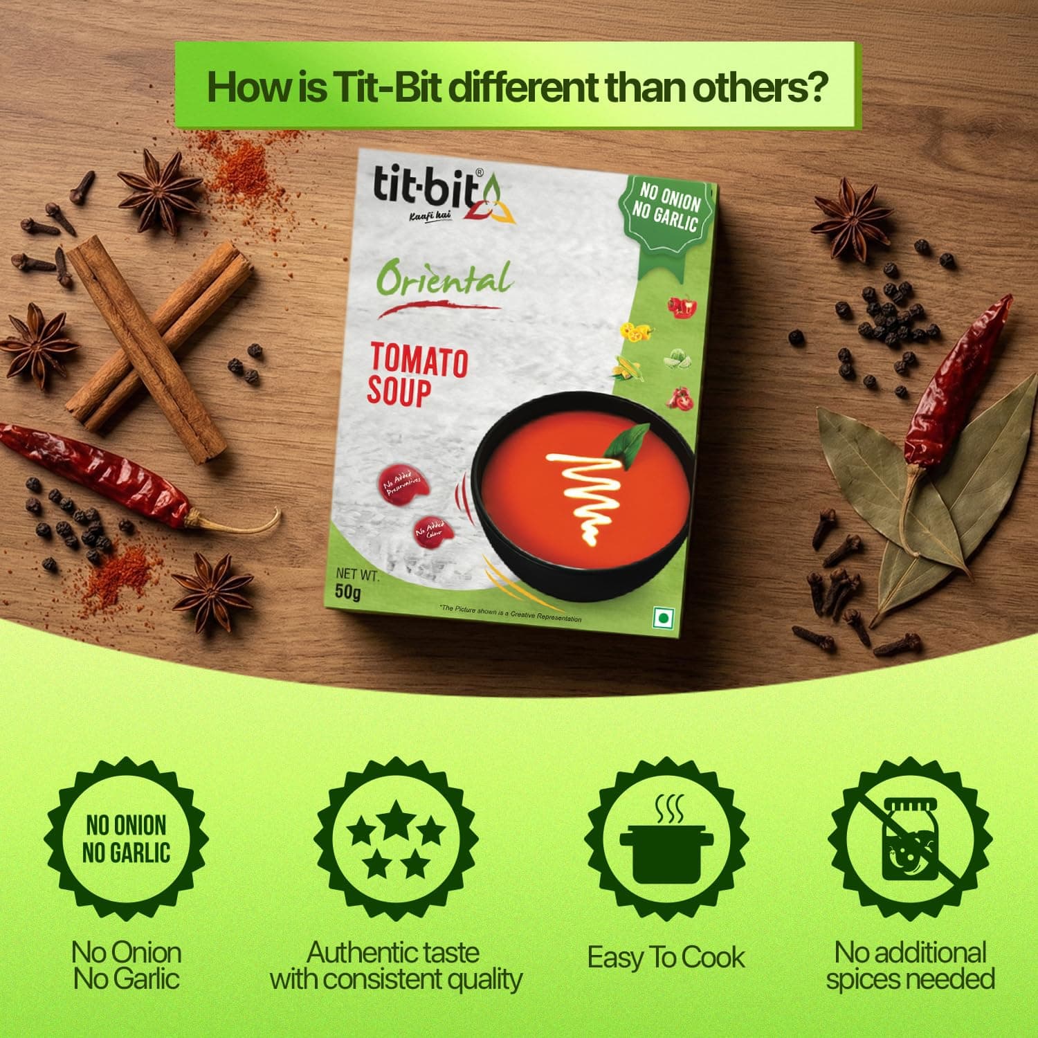 Tit-Bit Tomato Soup Powder Pack of 5 (250g), Instant Chatpata and Spicy Tomato Soup, No Onion No Garlic, Ready-to-eat Soup Packets for Easy Preparation — image 5
