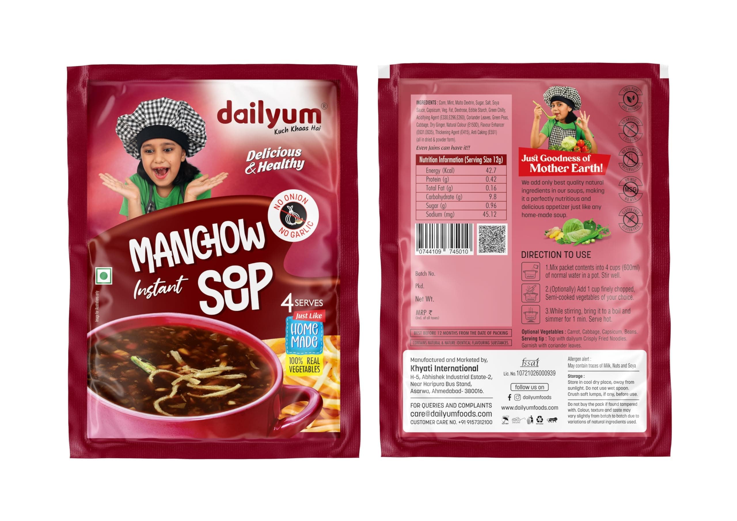 Dailyum Instant Manchow Soup 50g | No Onion No Garlic | Ready To Eat Instant Soup |100% Natural | No MSG | Gluten-free | Serves 4 | Jain | Pack of 5 — image 4