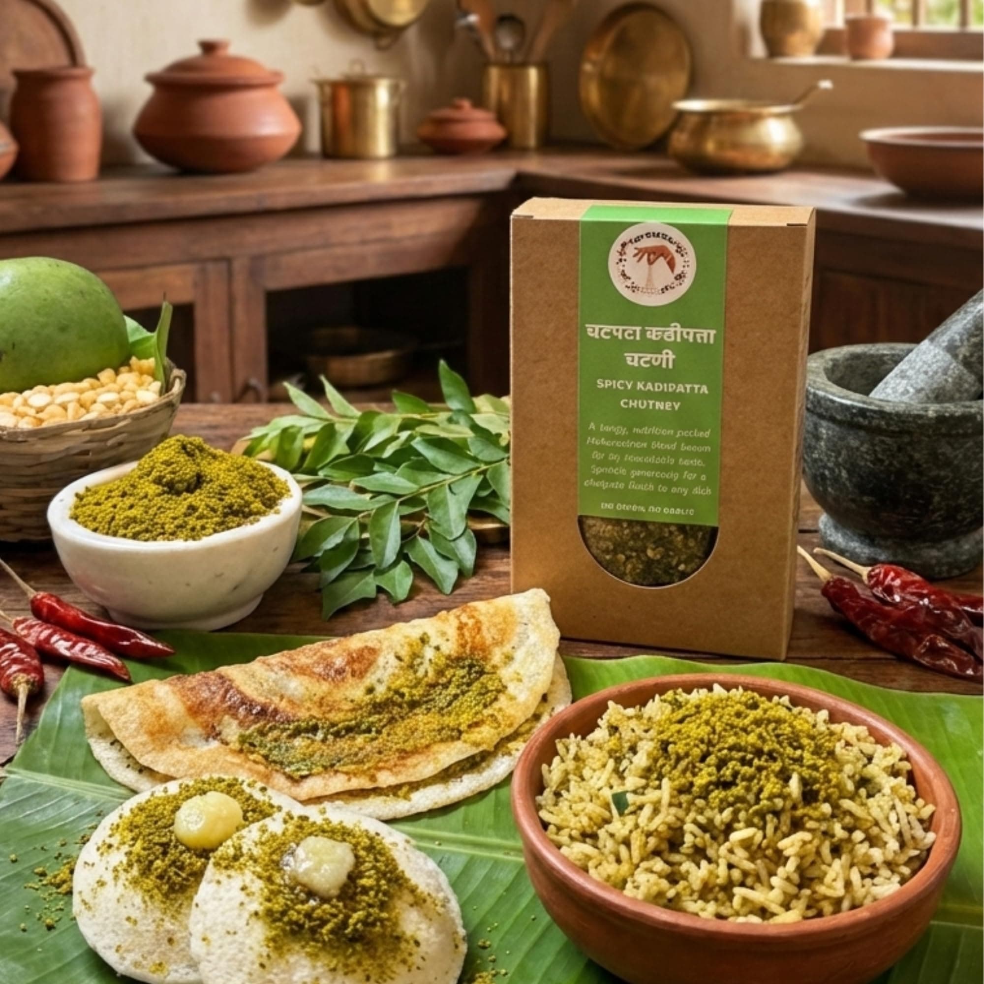 Do Chutki Teekha Patta Combo | Dry Mirchi Thecha Green Chilli Chutney 100g + Chatpata Kadipatta Chutney Powder 100g | No Onion No Garlic | No Preservatives | Maharashtrian Pack of 2 — image 5