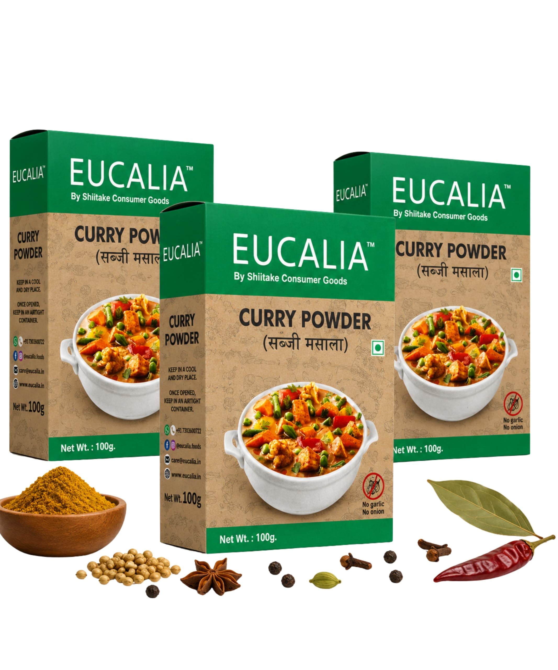 EUCALIA Sattvik (No Onion - No Garlic) Curry Powder (Sabji Masala) Pack of 3 (100g) | Bold & Aromatic Spice Blend | Vibrant Colour | No Added Colours or Preservatives | Perfect for Vegetarian Dishes & Everyday Cooking | Sattvik No Onion No Garlic (NONG) | Total 300g — image 2