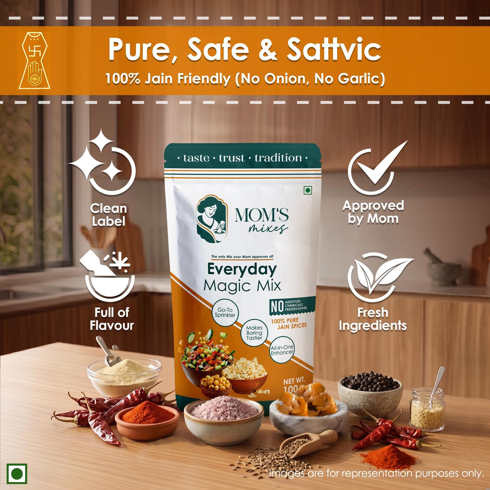 Mom’s Mixes Everyday Magic Mix | All-in-One Seasoning & Taste Enhancer | Chaat Masala & Peri Peri Alternative | For Snacks, Fruits, Salads & Meals | Jain Friendly (No Onion No Garlic) | Preservatives Free | Non GMO | 200g — image 8