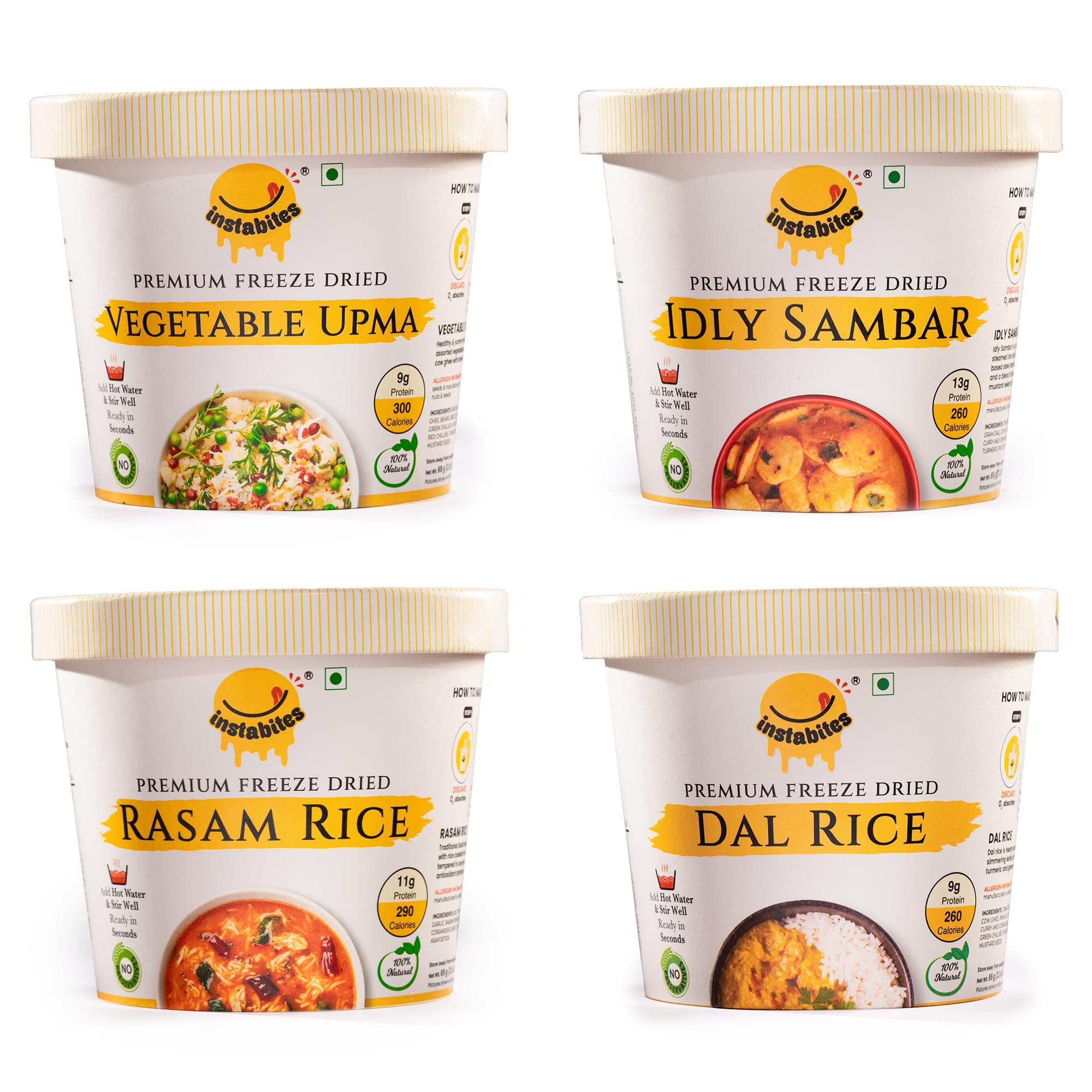 Instabites Ready To Eat Combo of Veg upma, Idli Sambar, Rasam Rice, Dal Rice No Added Preservatives and Ready to Eat in Minutes - Pack of 4 — image 2