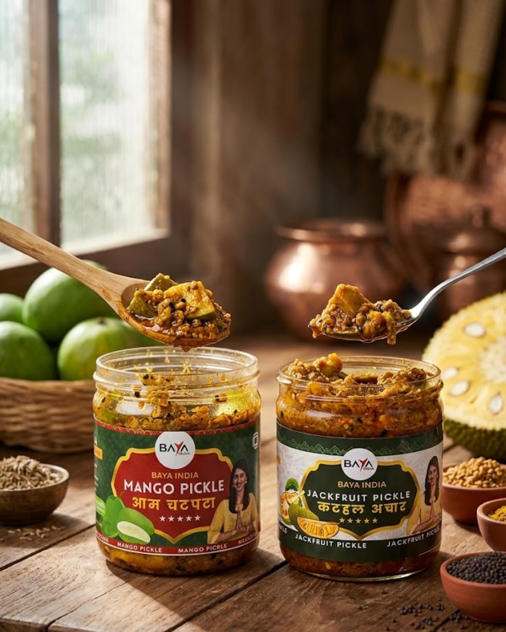 Baya India Mango & Jackfruit Pickle Combo | Homemade Aam aur Kathal ka Achar | Tangy & Flavorful Pickle | Made with Mustard Oil | No Added Preservatives | No Garlic No Onion | 350g each — image 2