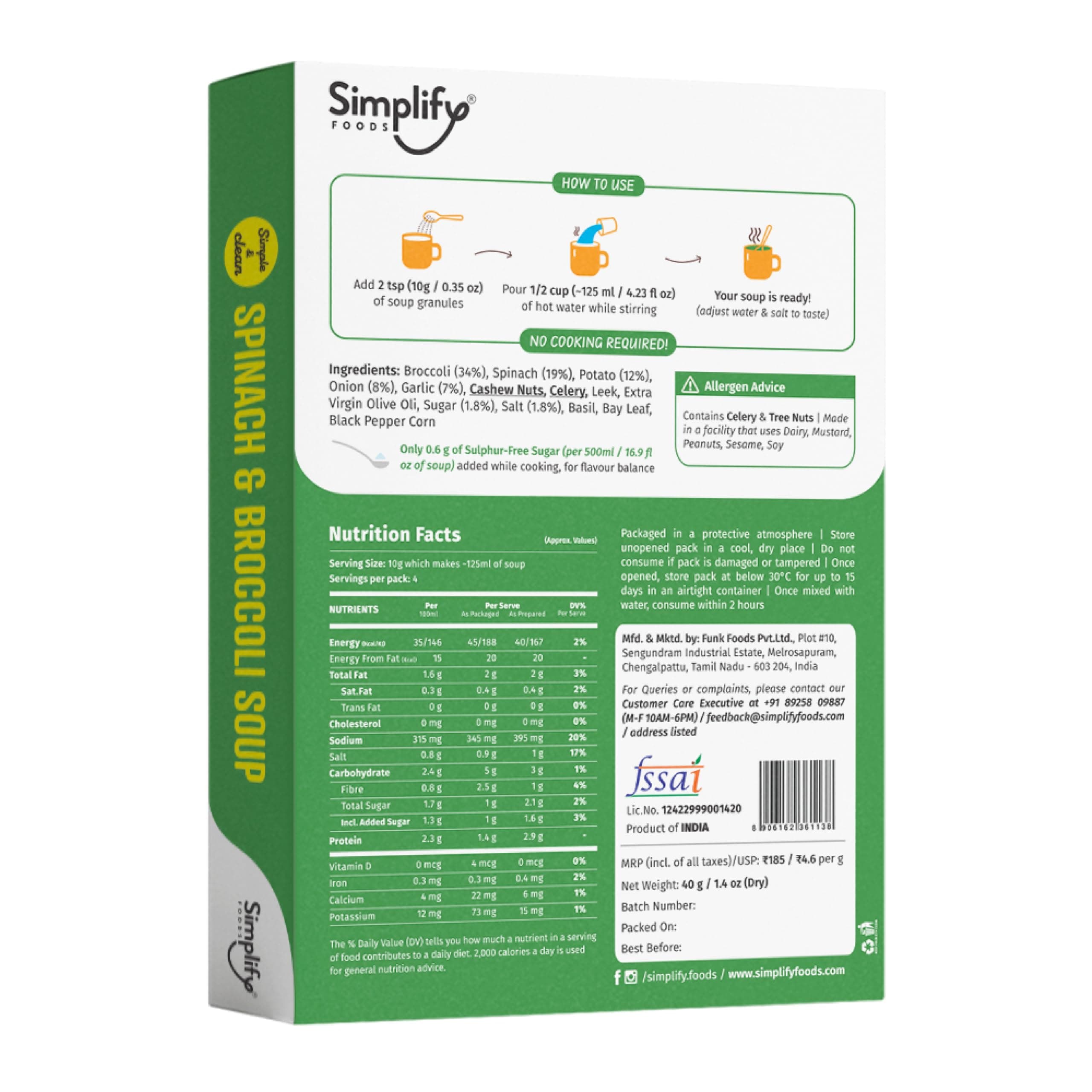 Simplify Foods Spinach & Broccoli Instant Soup | Made with 34% Broccoli & 19% Spinach | Pack of 1 (Makes 500ml) | Just Add Hot Water | No Cooking Required | Clean Label | 0% Additives or Preservatives — image 2