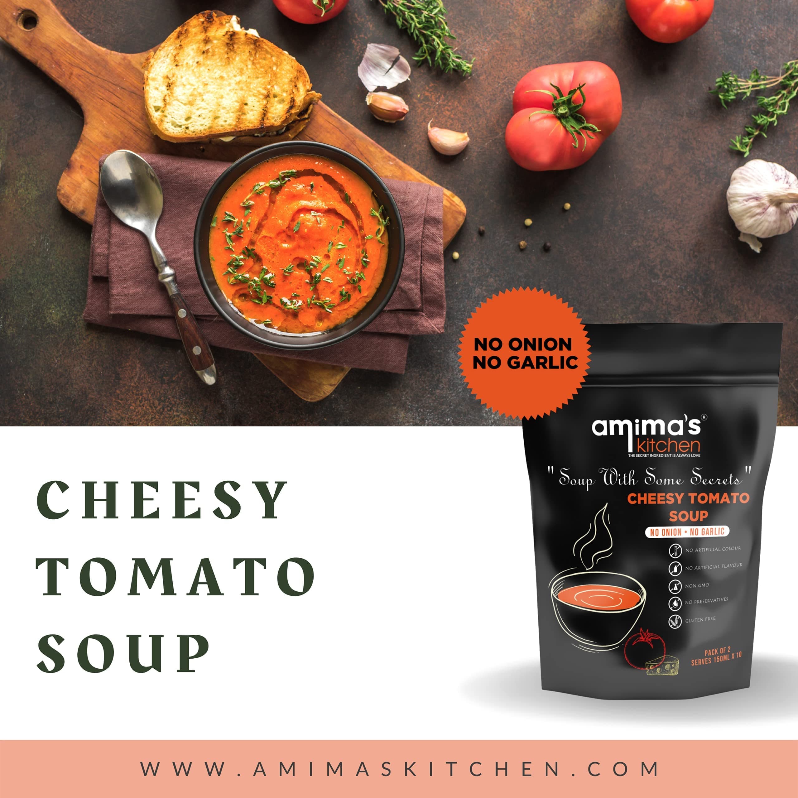 Amima's Kitchen Cheesy Tomato Jain Soup (No Onion No Garlic) - 100 Grams [Serves 10] | Instant Soup Mix Powder | Ready To Cook | No Artificial Flavour & Colour | Gluten Free | Non GMO | Healthy Soup — image 5
