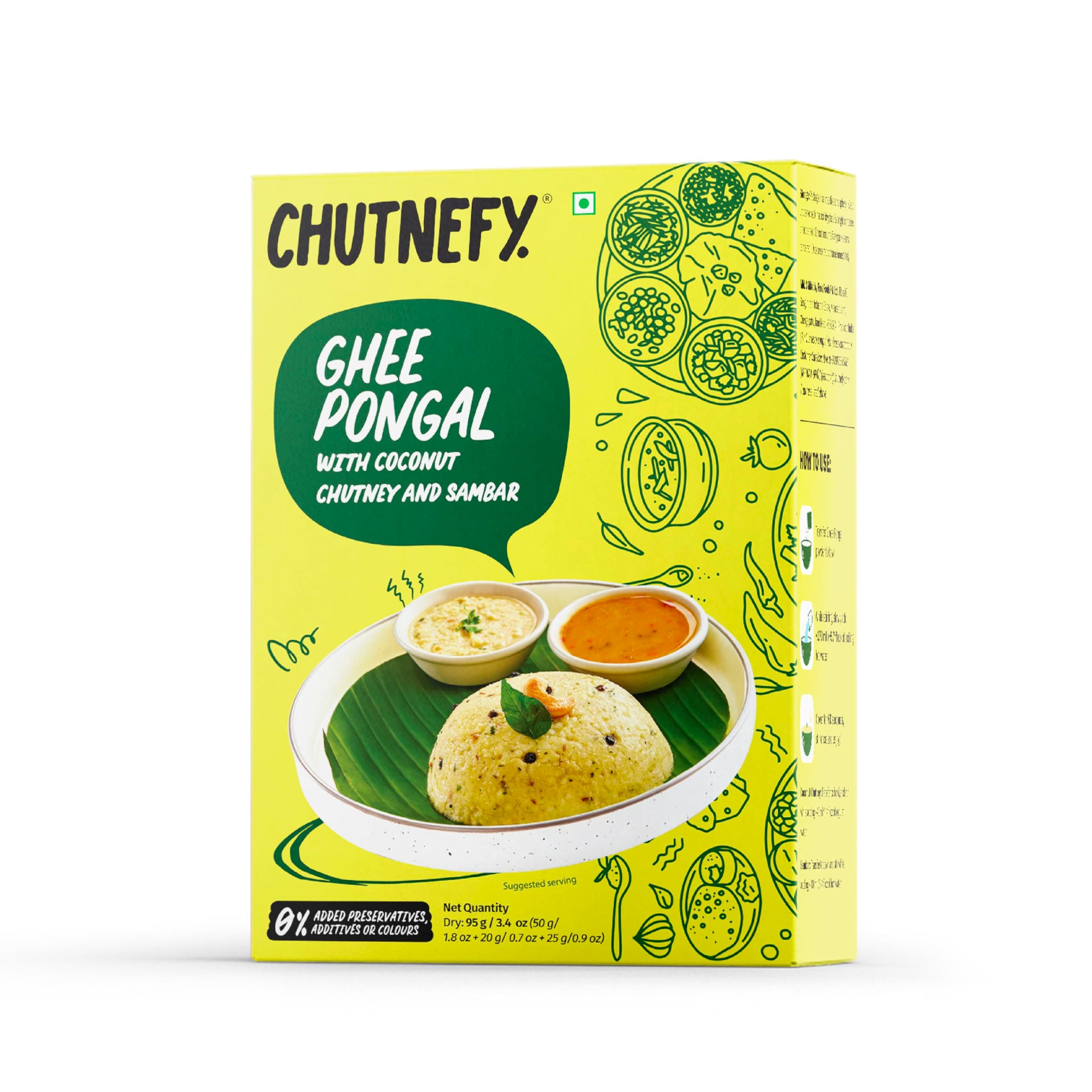 Chutnefy Ghee (Ven) Pongal (With Coconut Chutney & Sambar) | 95g Freeze-Dried Instant Meal | Just Add Hot Water to make a meal for 1 | 0% Preservatives or Additives